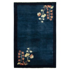 Vintage Chinese Deco Style Rug in Deep Blue, Pink and Gold Floral Patterns