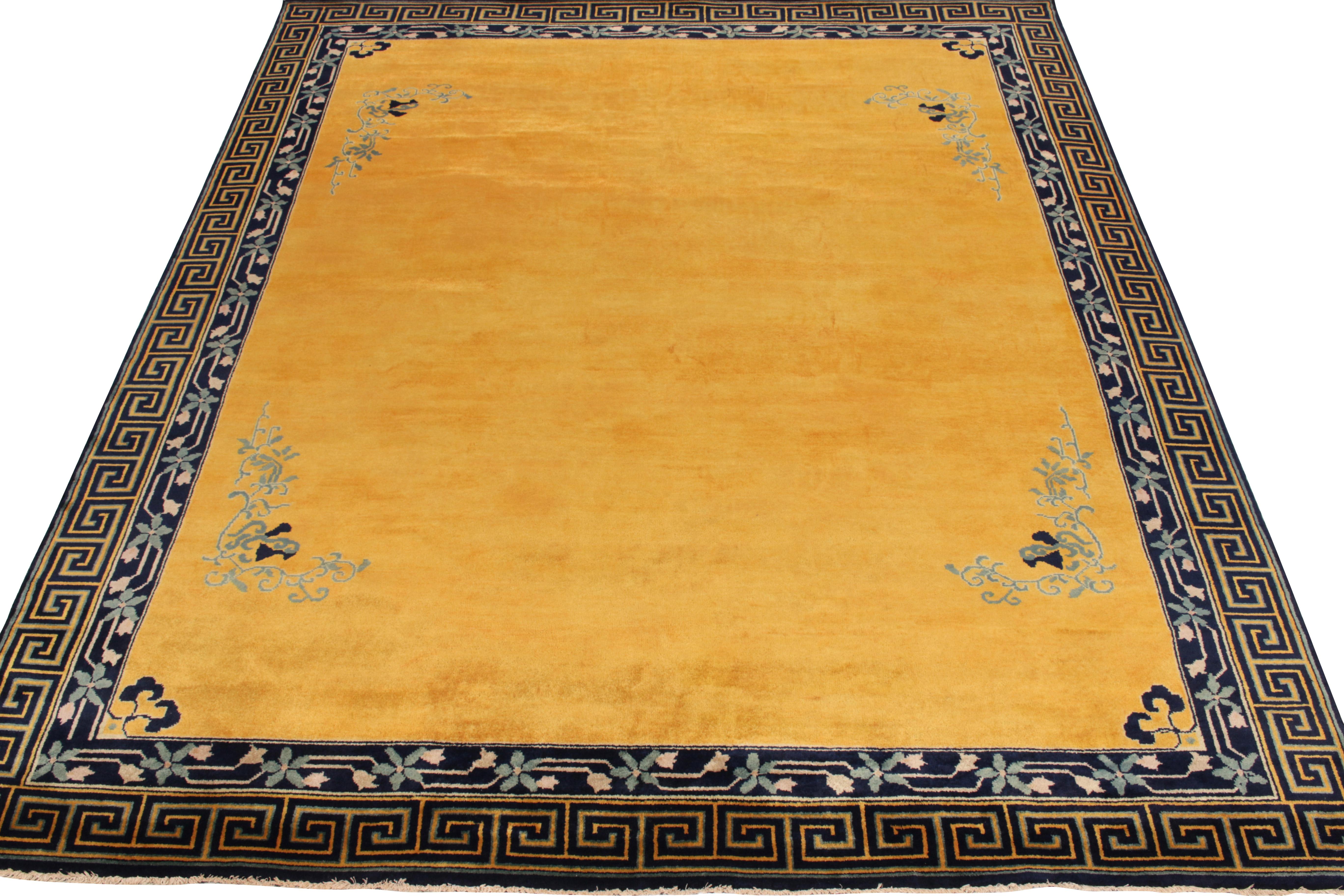 Encased in a fretwork Greek Key border & floral designs in deep blue, warm gold & peach, this 1920s style rug enjoys Chinese Art Deco rug inspirations, among a distinctive line of vintage rugs newly unveiled from Rug & Kilim. The lush, hand-knotted