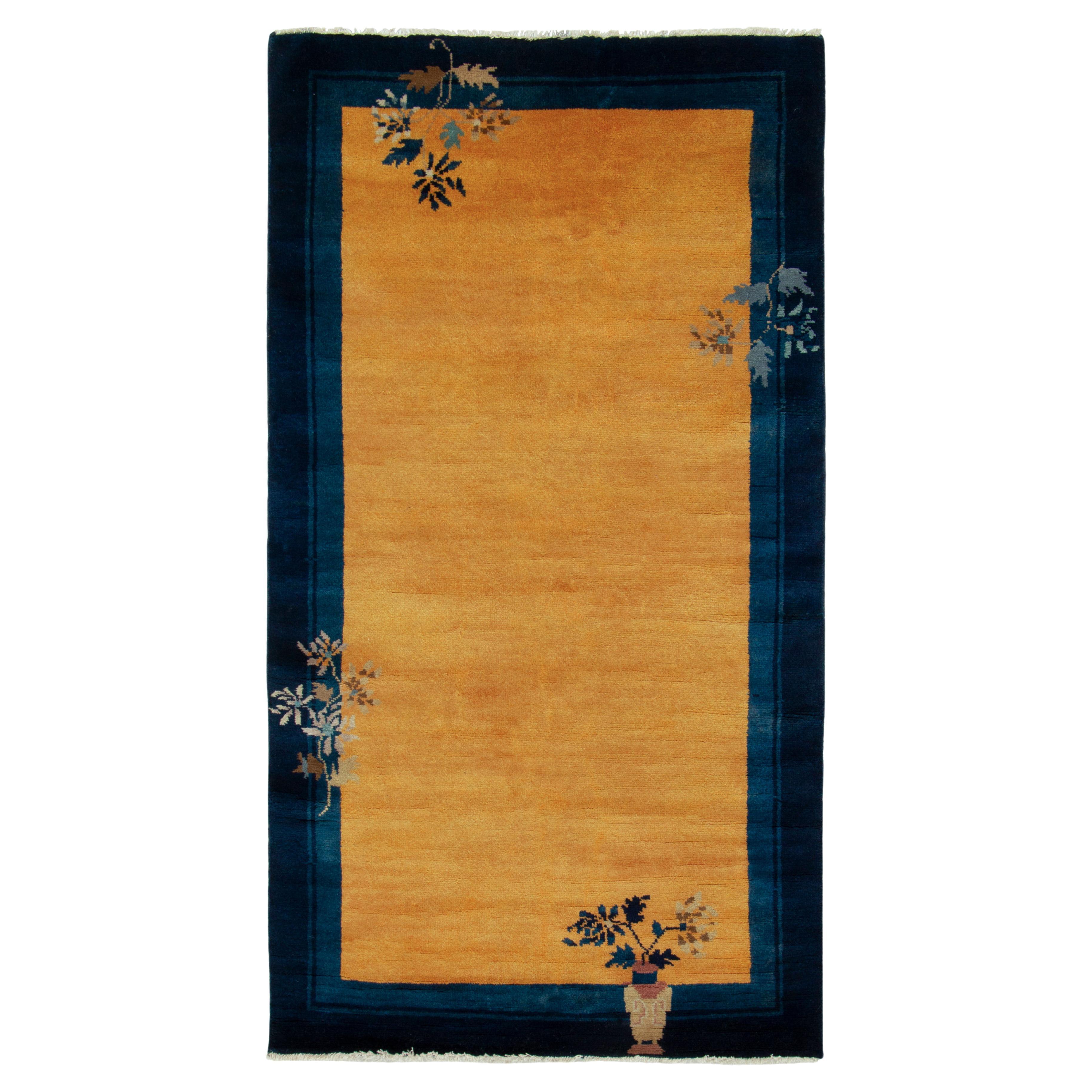Vintage Chinese Deco Style Rug in Gold, Blue Brown Floral Pattern by Rug & Kilim