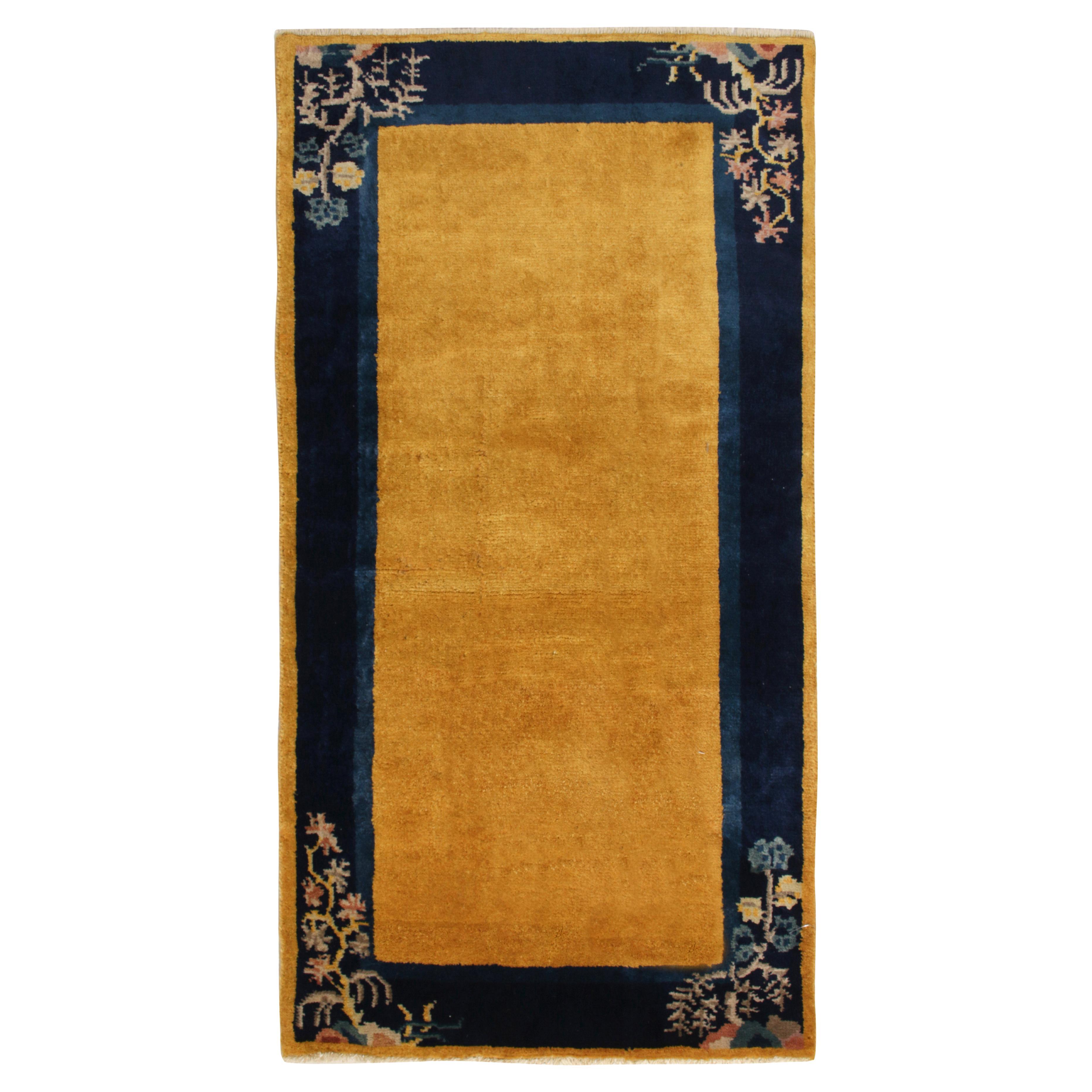 Vintage Chinese Deco Style Rug in Gold and Blue Border, Floral by Rug
