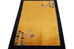 Vintage Chinese Deco Style Rug in Gold Blue Border Floral Pattern by Rug & Kilim