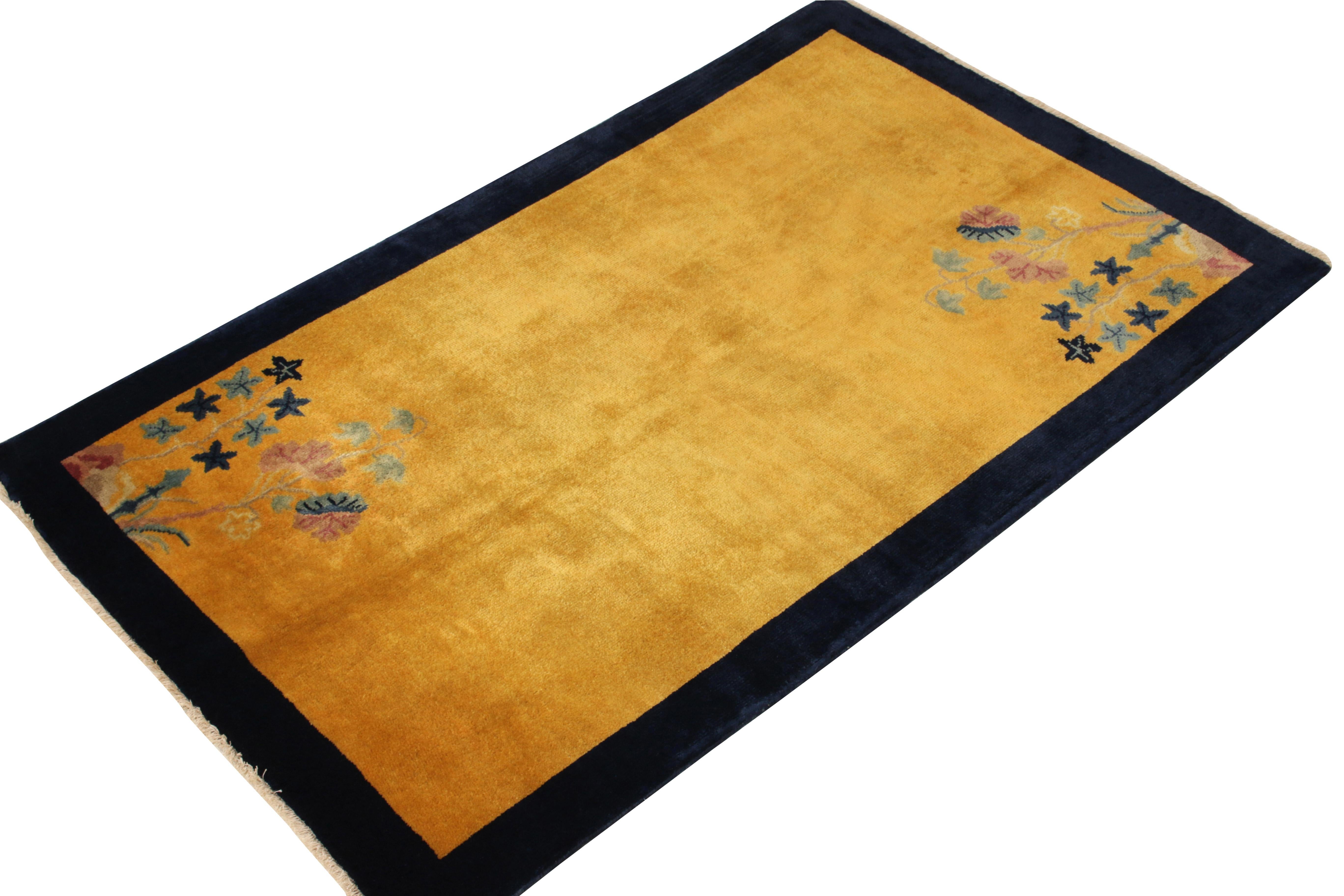 Art Deco Vintage Chinese Deco Style Rug in Gold Blue Border Floral Pattern by Rug & Kilim For Sale