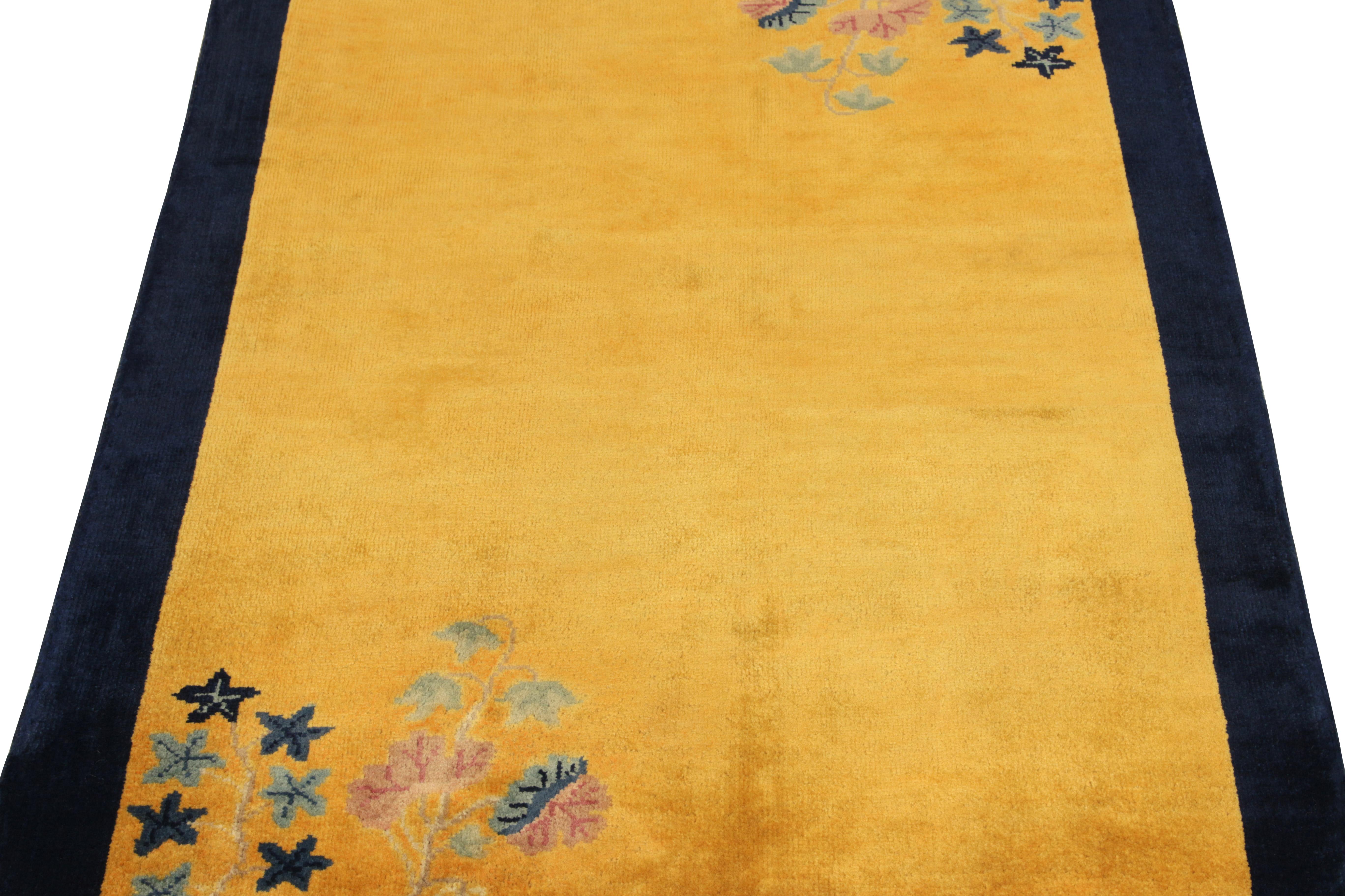 Indian Vintage Chinese Deco Style Rug in Gold Blue Border Floral Pattern by Rug & Kilim For Sale