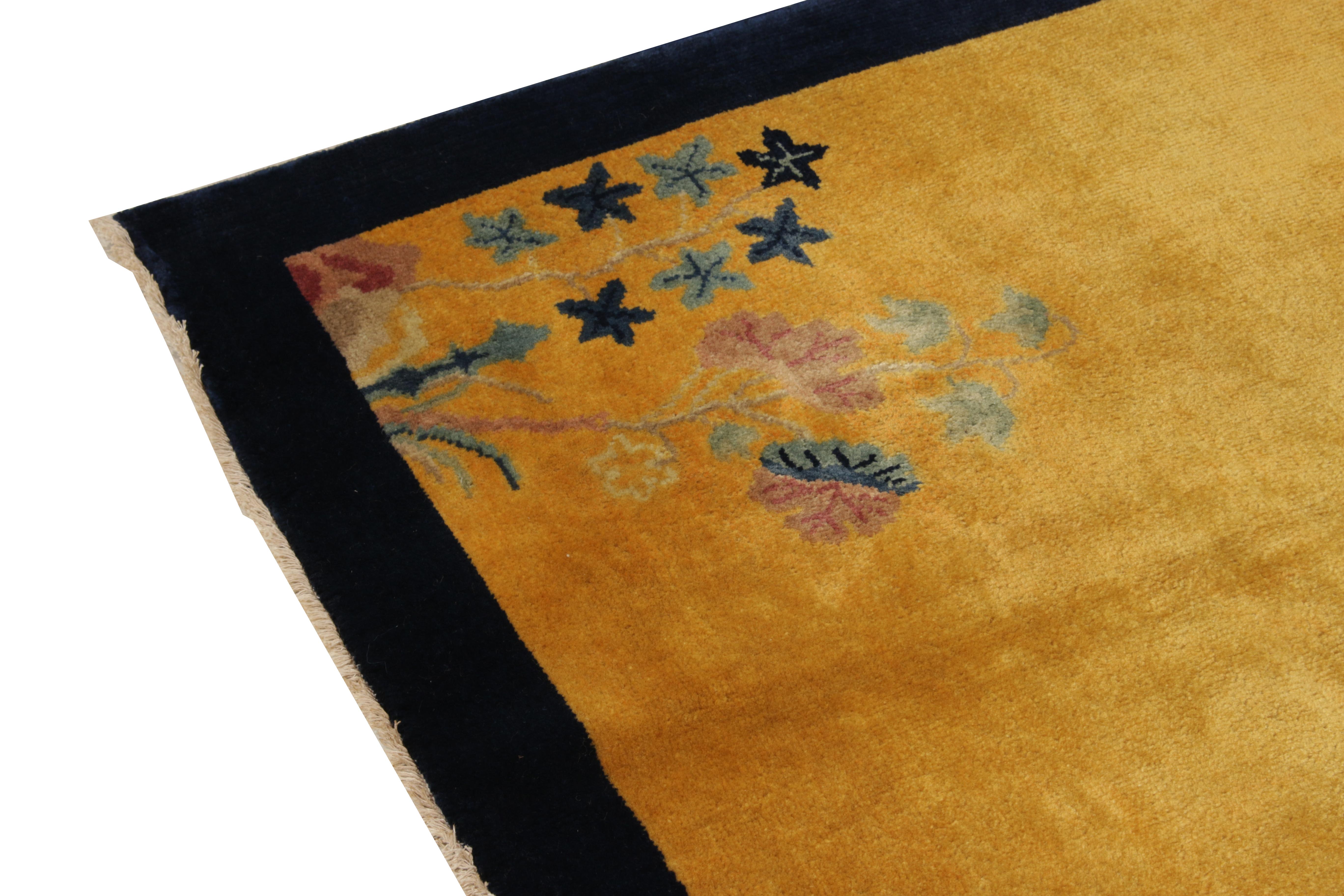 Hand-Knotted Vintage Chinese Deco Style Rug in Gold Blue Border Floral Pattern by Rug & Kilim For Sale