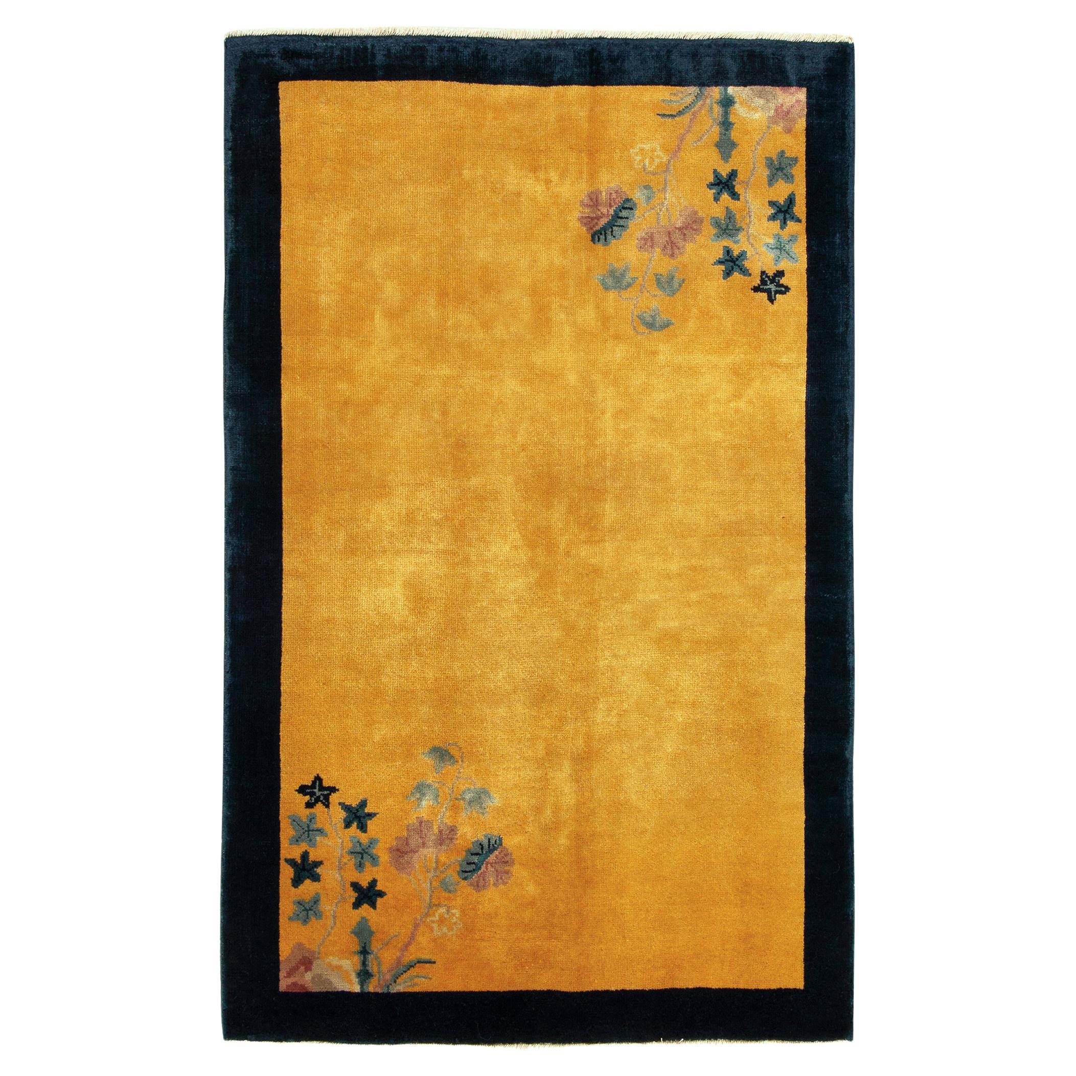 Vintage Chinese Deco Style Rug in Gold Blue Border Floral Pattern by Rug & Kilim For Sale