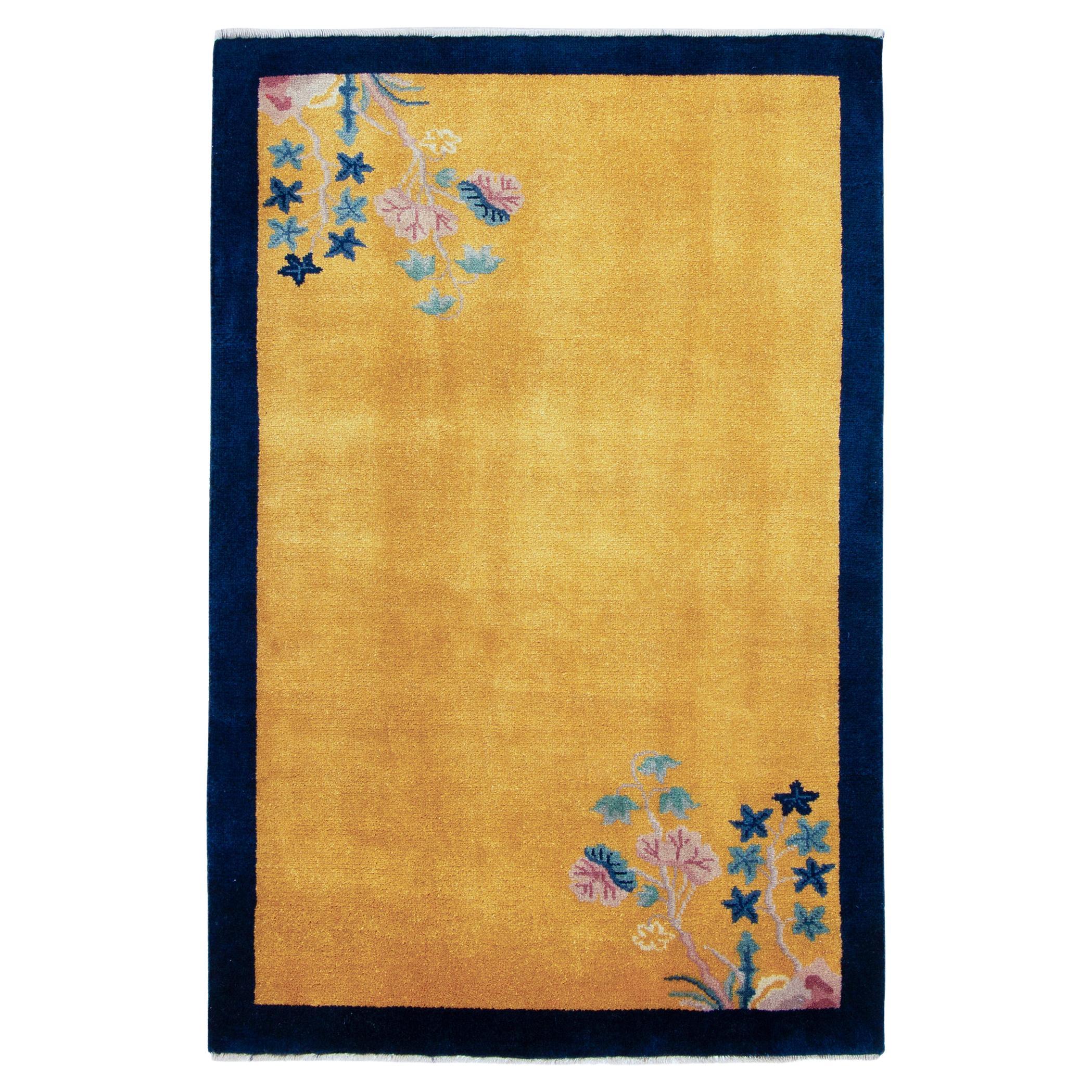 Vintage Chinese Deco Style Rug in Gold, Blue Pink Floral Pattern by Rug