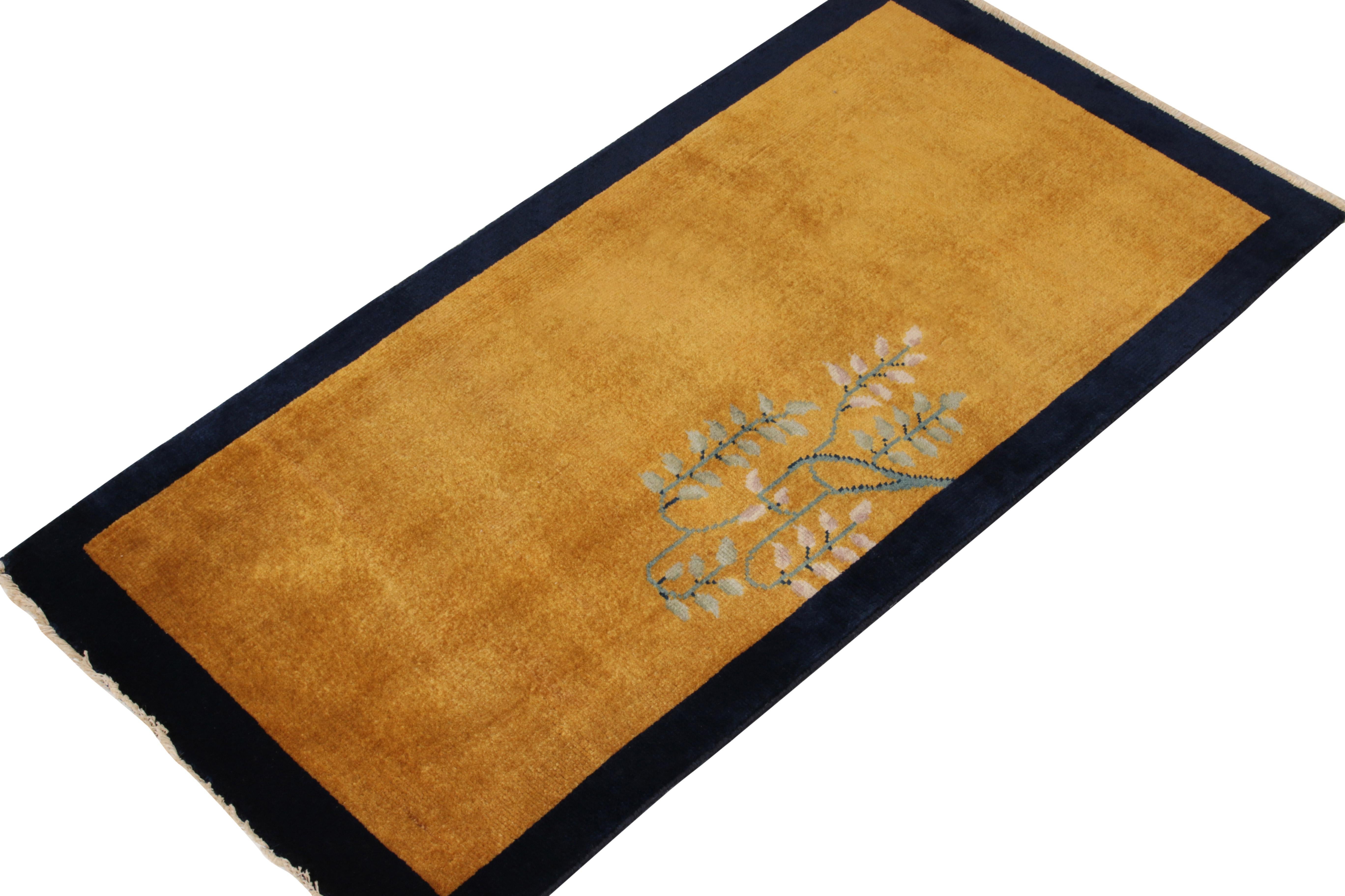 Art Deco Vintage Chinese Deco Style Rug in Gold, Navy Border, Green Floral Pattern
