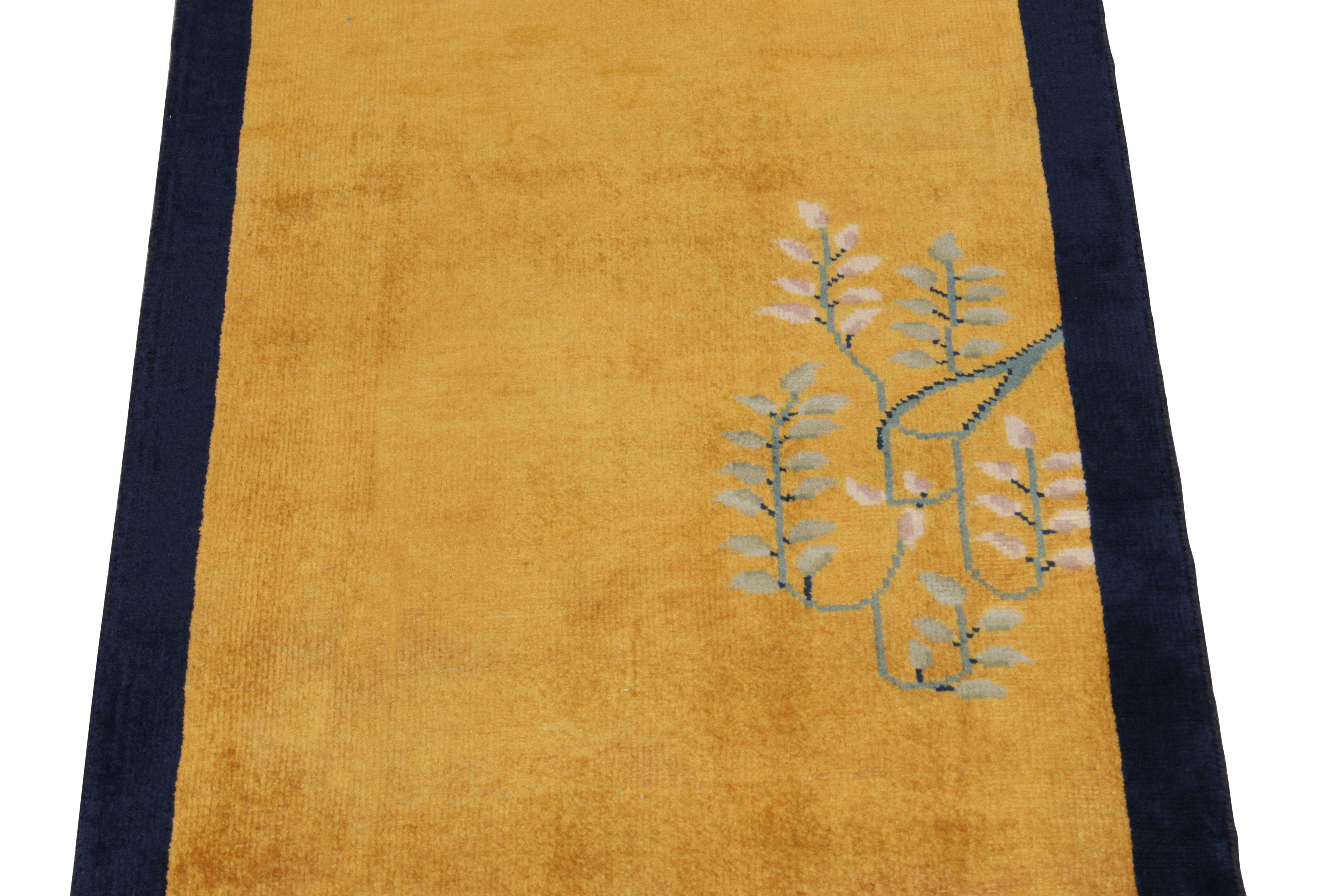 Indian Vintage Chinese Deco Style Rug in Gold, Navy Border, Green Floral Pattern