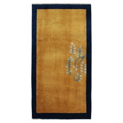 Vintage Chinese Deco Style Rug in Gold, Navy Border, Green Floral Pattern