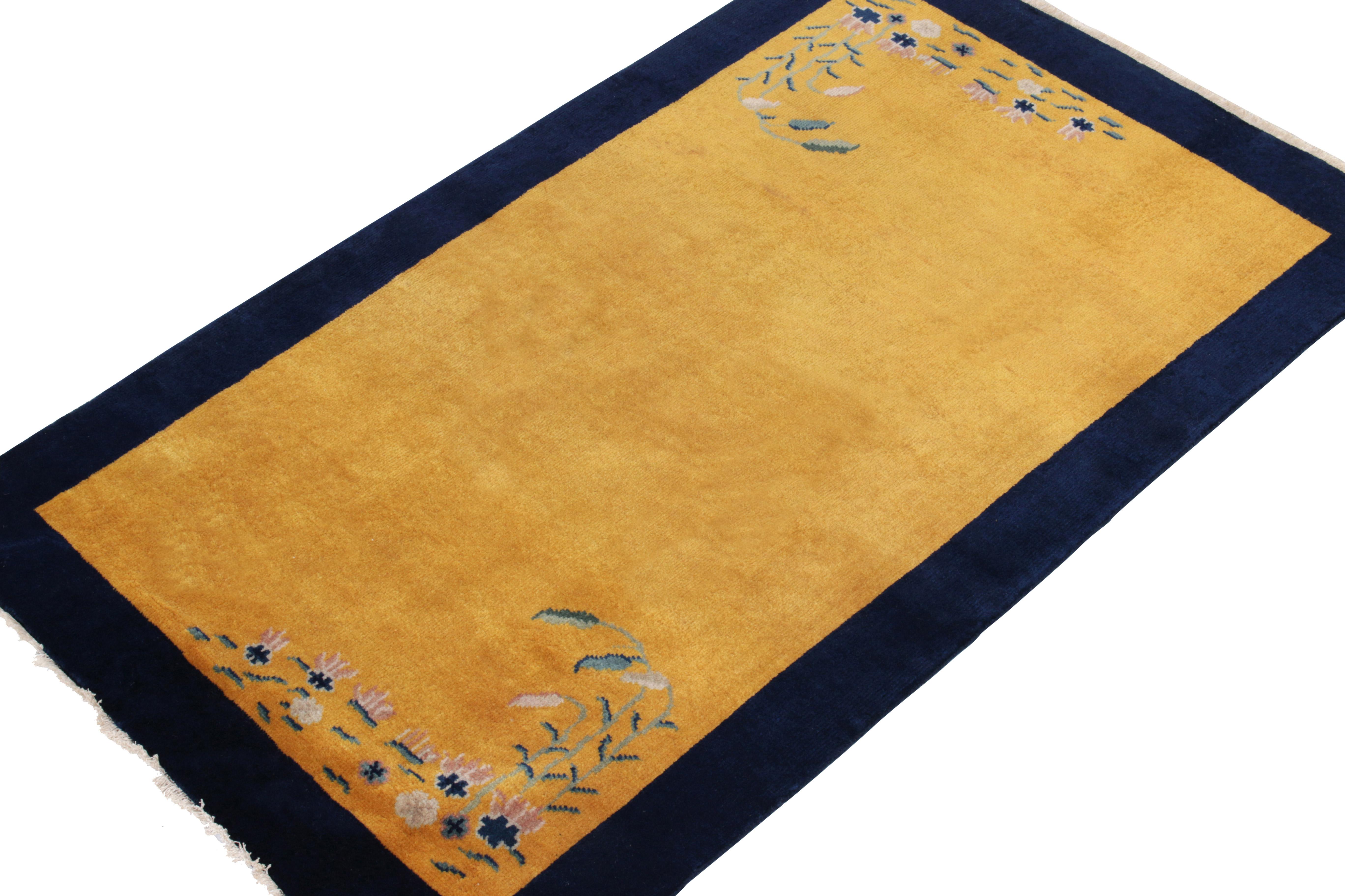 Art Deco Vintage Chinese Deco Style Rug in Gold and Blue Border, Floral by Rug & Kilim For Sale