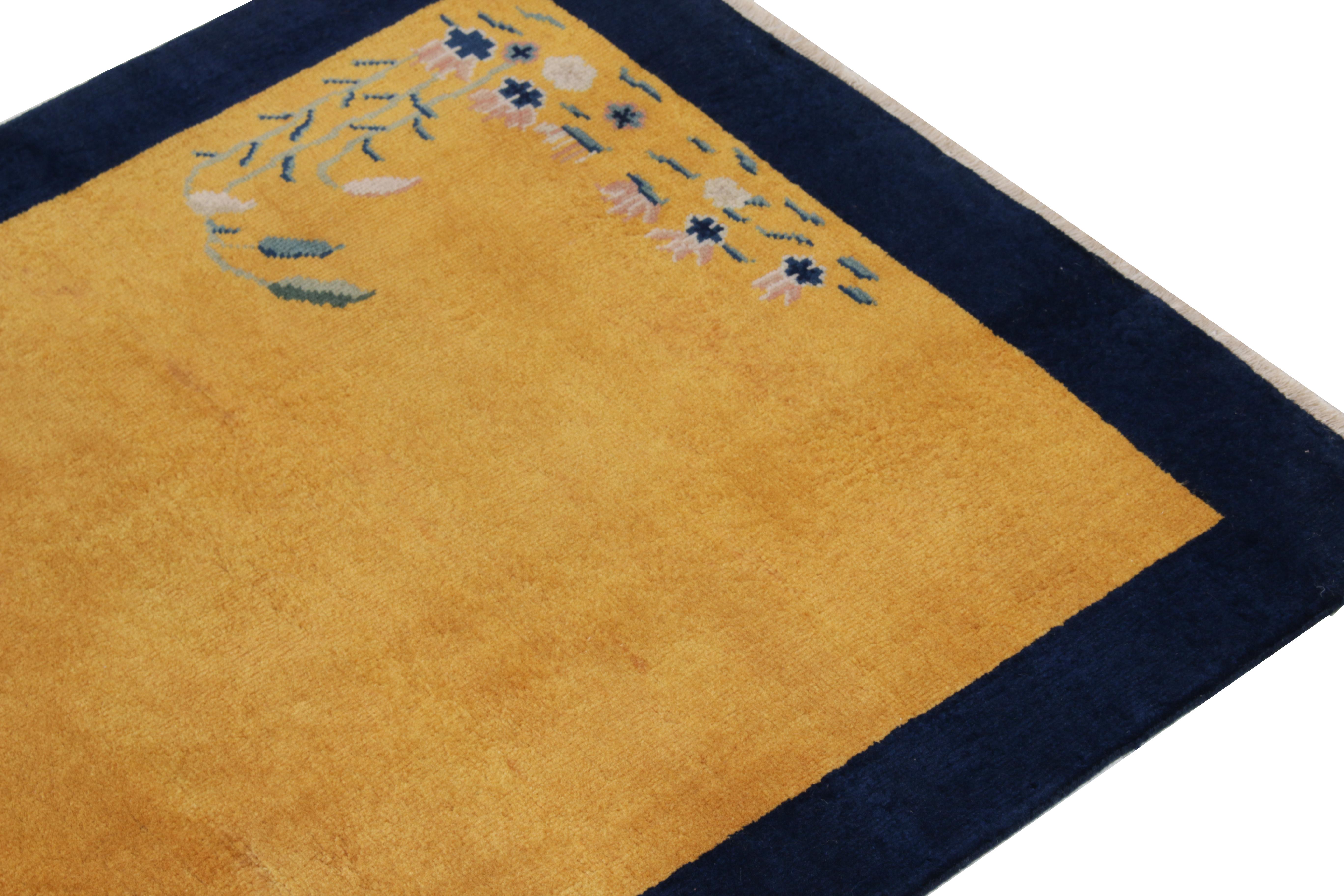 Indian Vintage Chinese Deco Style Rug in Gold and Blue Border, Floral by Rug & Kilim For Sale