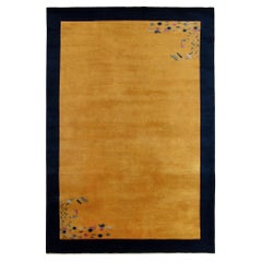 Vintage Chinese Deco Style Rug in Gold Open Field, Navy Border, Floral Patterns