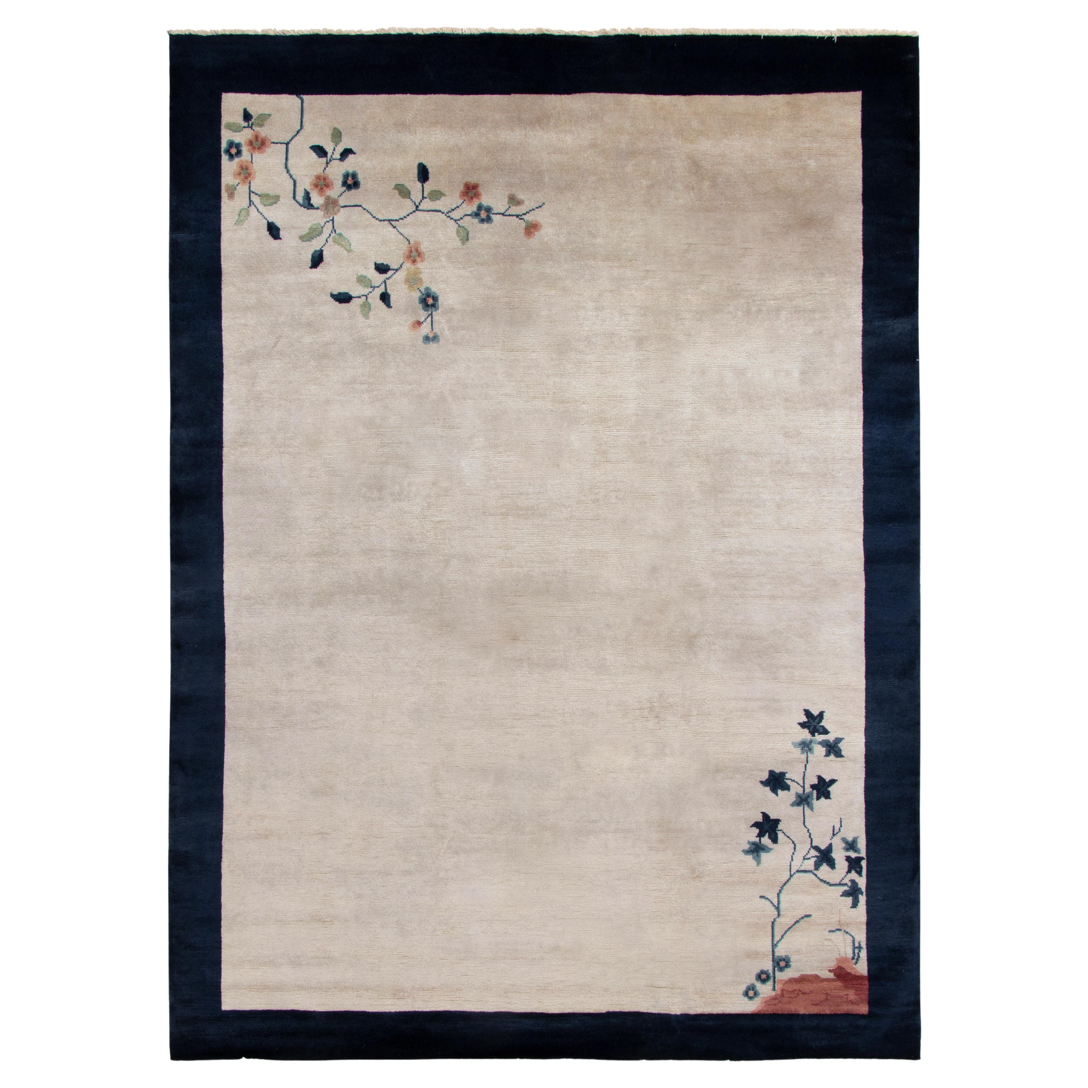 Vintage Chinese Deco style rug in Off White, Blue Border by Rug & Kilim