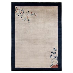 Retro Chinese Deco style rug in Off White, Blue Border by Rug & Kilim