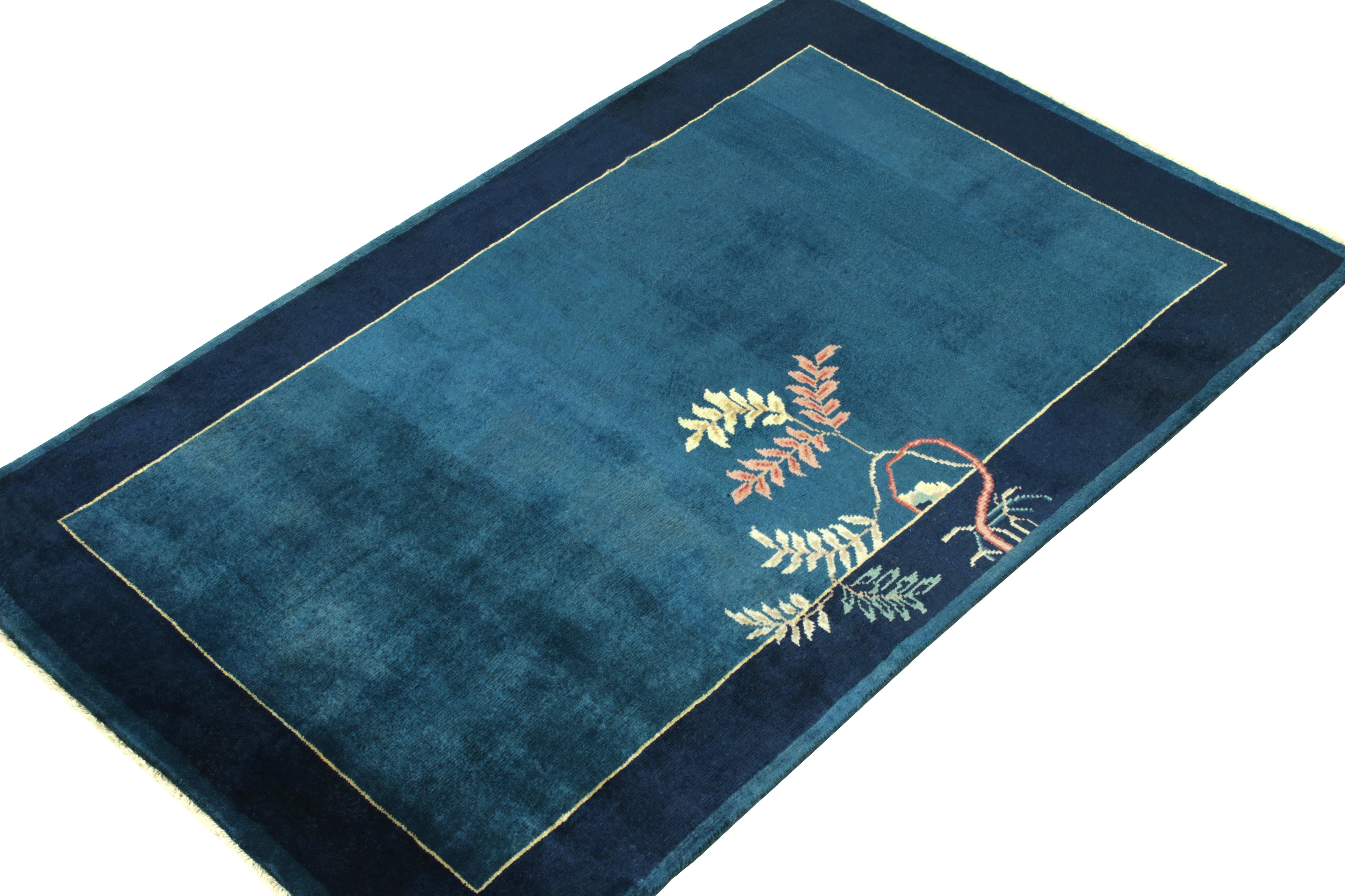 Art Deco Vintage Chinese Deco Style Rug, Lustrous Blue Open Field, Pastel Floral Pattern