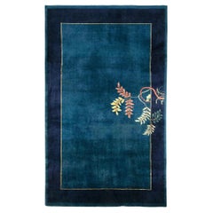 Vintage Chinese Deco Style Rug, Lustrous Blue Open Field, Pastel Floral Pattern