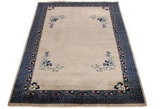 Vintage Chinese Deco Style Rug, Off-White and Blue Greek Key Border and Florals