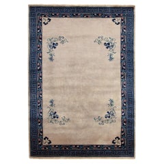 Vintage Chinese Deco Style Rug, Off-White and Blue Greek Key Border and Florals