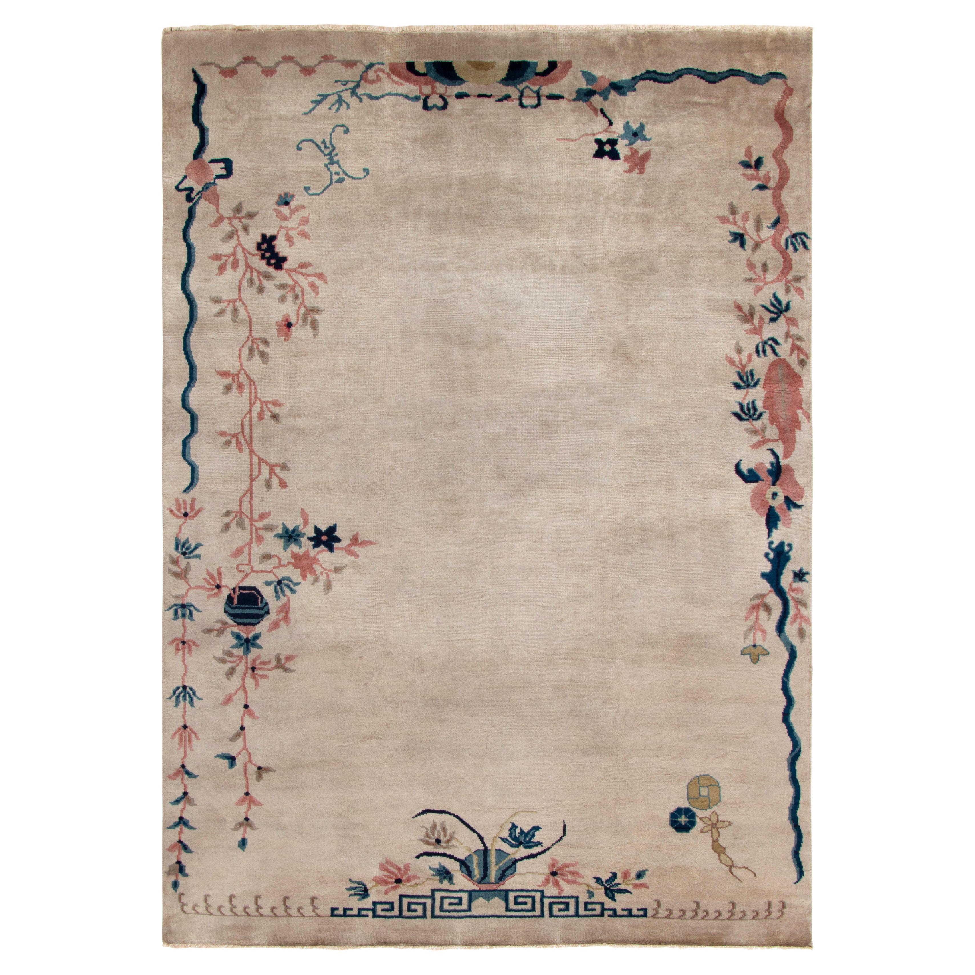 Vintage Chinese Deco Style Rug in Blue and OffWhite Floral Pattern by