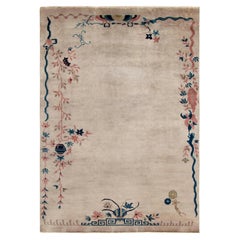 Vintage Chinese Deco Style Rug, off Whith and Blue Floral Pattern by Rug & Kilim