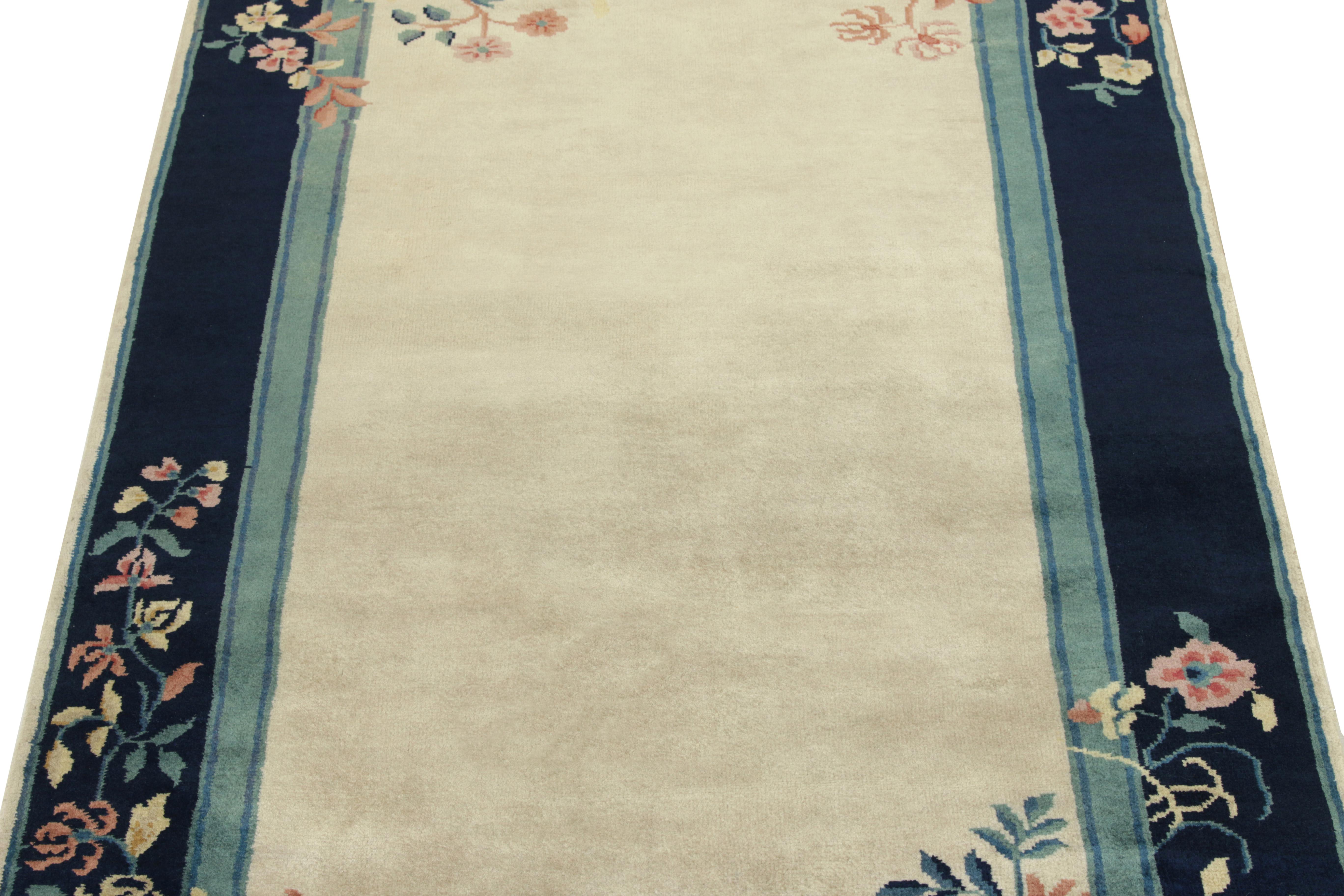 Art Deco Vintage Chinese Deco Style Rug Off-White & Blue Floral Border by Rug & Kilim For Sale