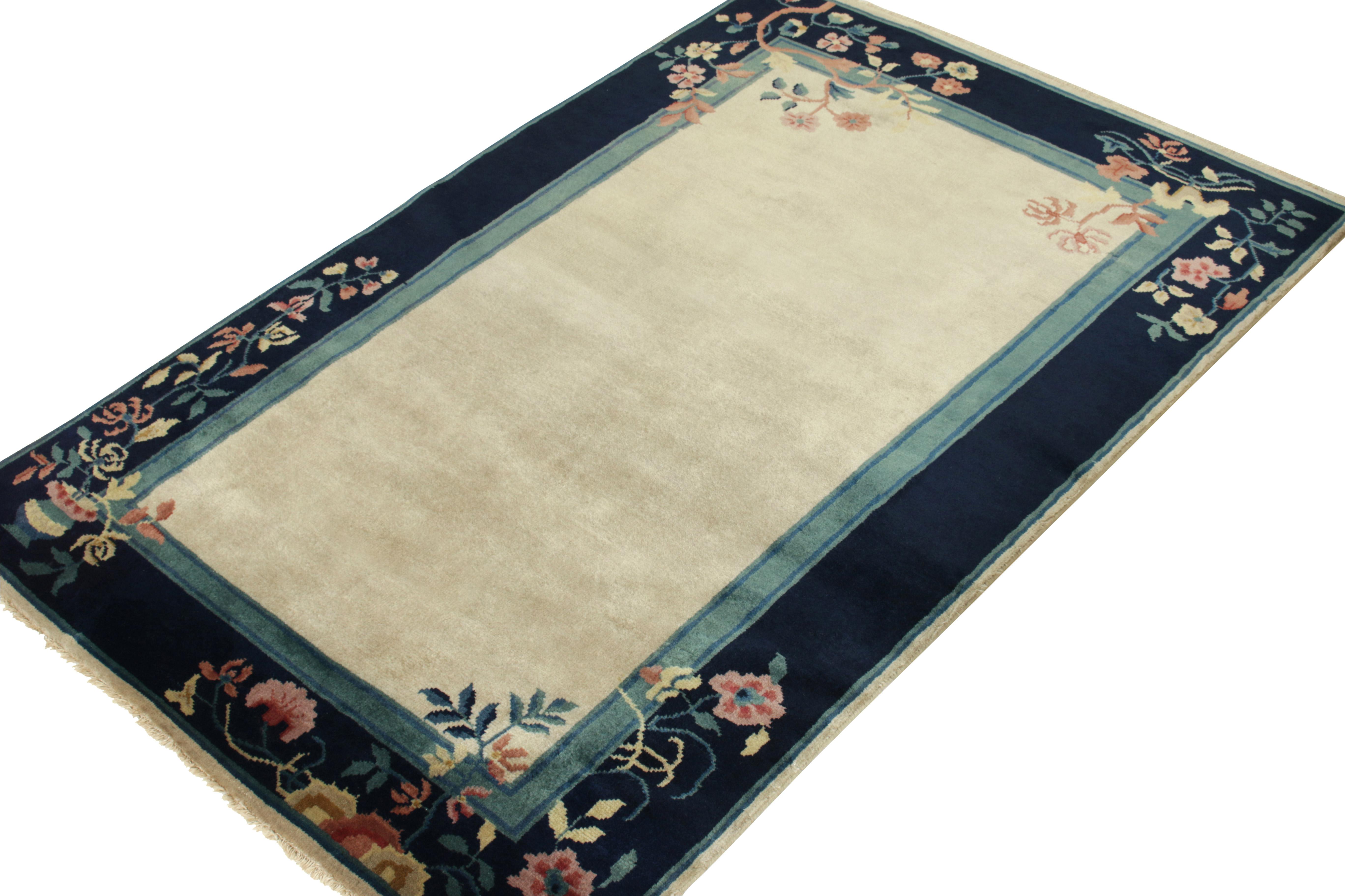 Indian Vintage Chinese Deco Style Rug Off-White & Blue Floral Border by Rug & Kilim For Sale
