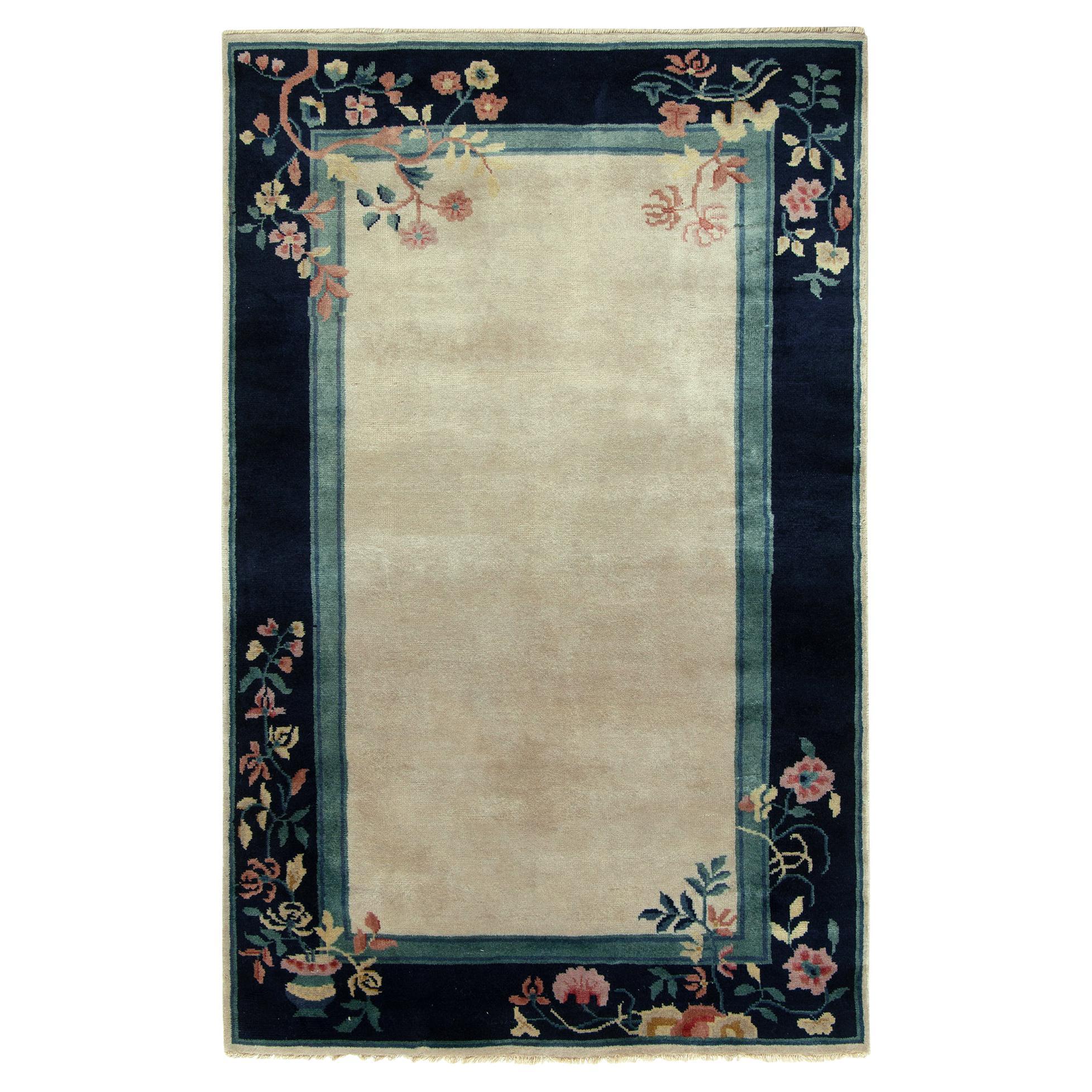 Vintage Chinese Deco Style Rug Off-White & Blue Floral Border by Rug & Kilim For Sale