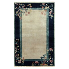 Vintage Chinese Deco Style Rug Off-White & Blue Floral Border by Rug & Kilim