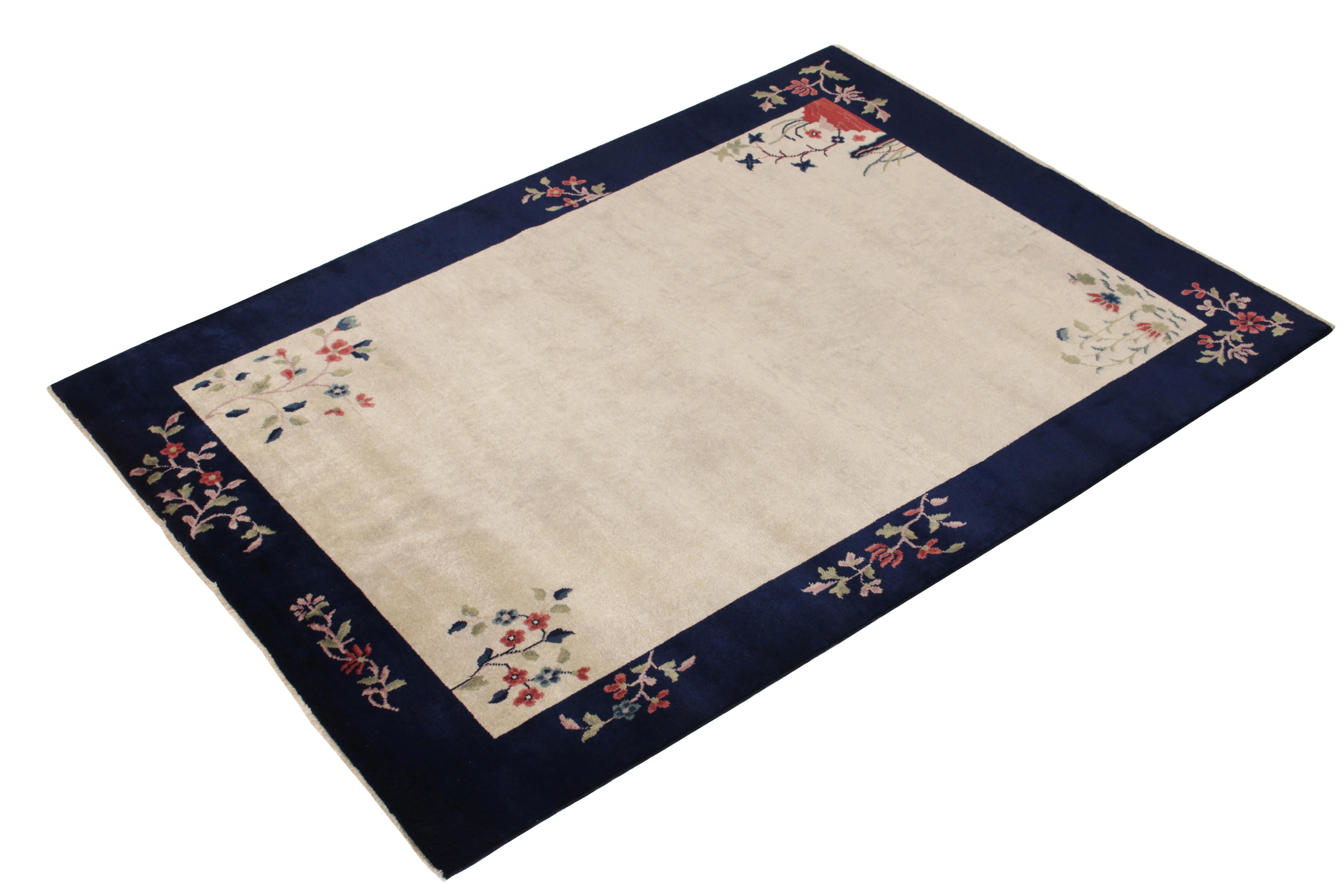 Art Deco Vintage Chinese Deco Style Rug, Off-White Field and Blue Border by Rug & Kilim For Sale