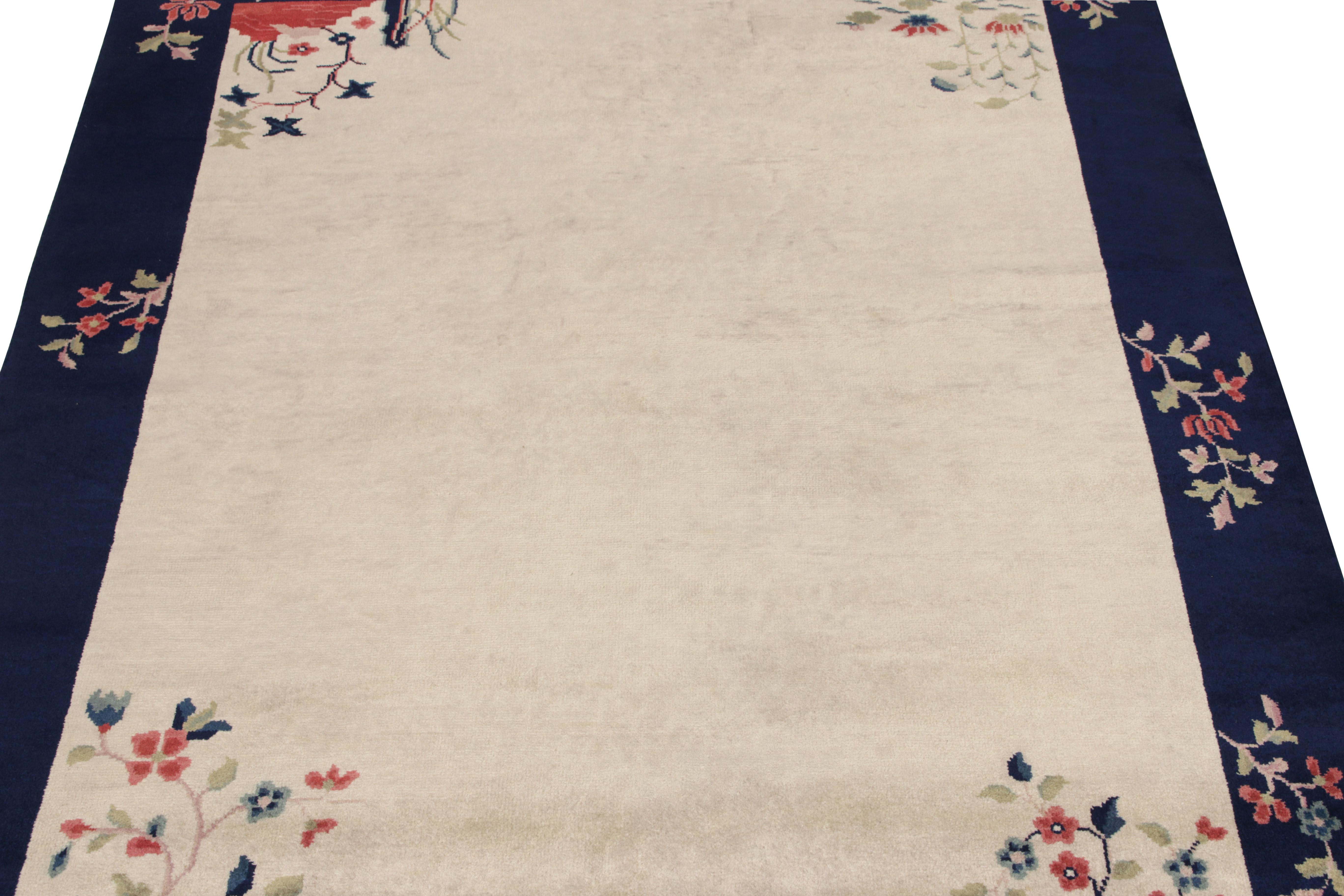 Indian Vintage Chinese Deco Style Rug, Off-White Field and Blue Border by Rug & Kilim For Sale
