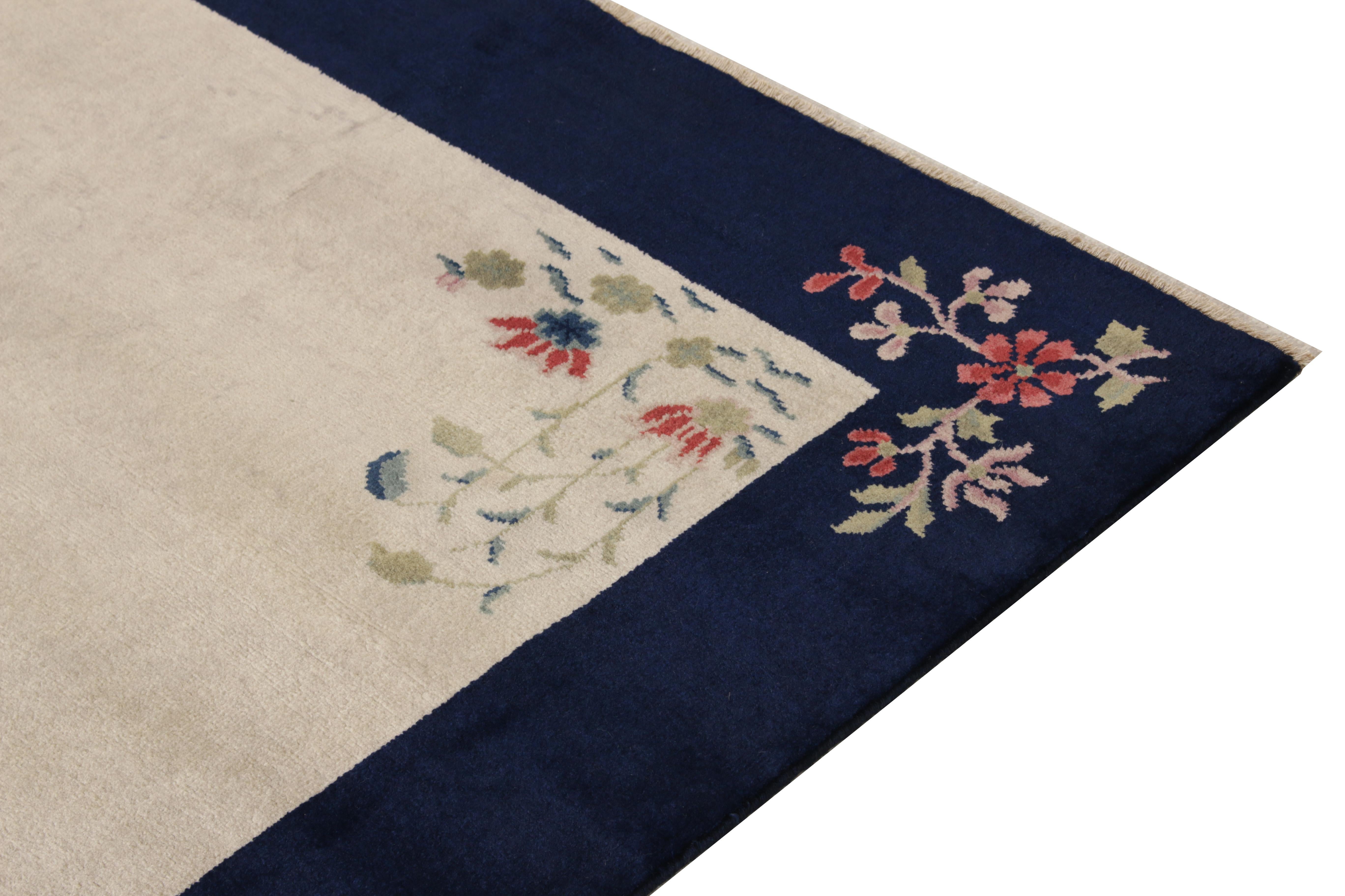 Hand-Knotted Vintage Chinese Deco Style Rug, Off-White Field and Blue Border by Rug & Kilim For Sale