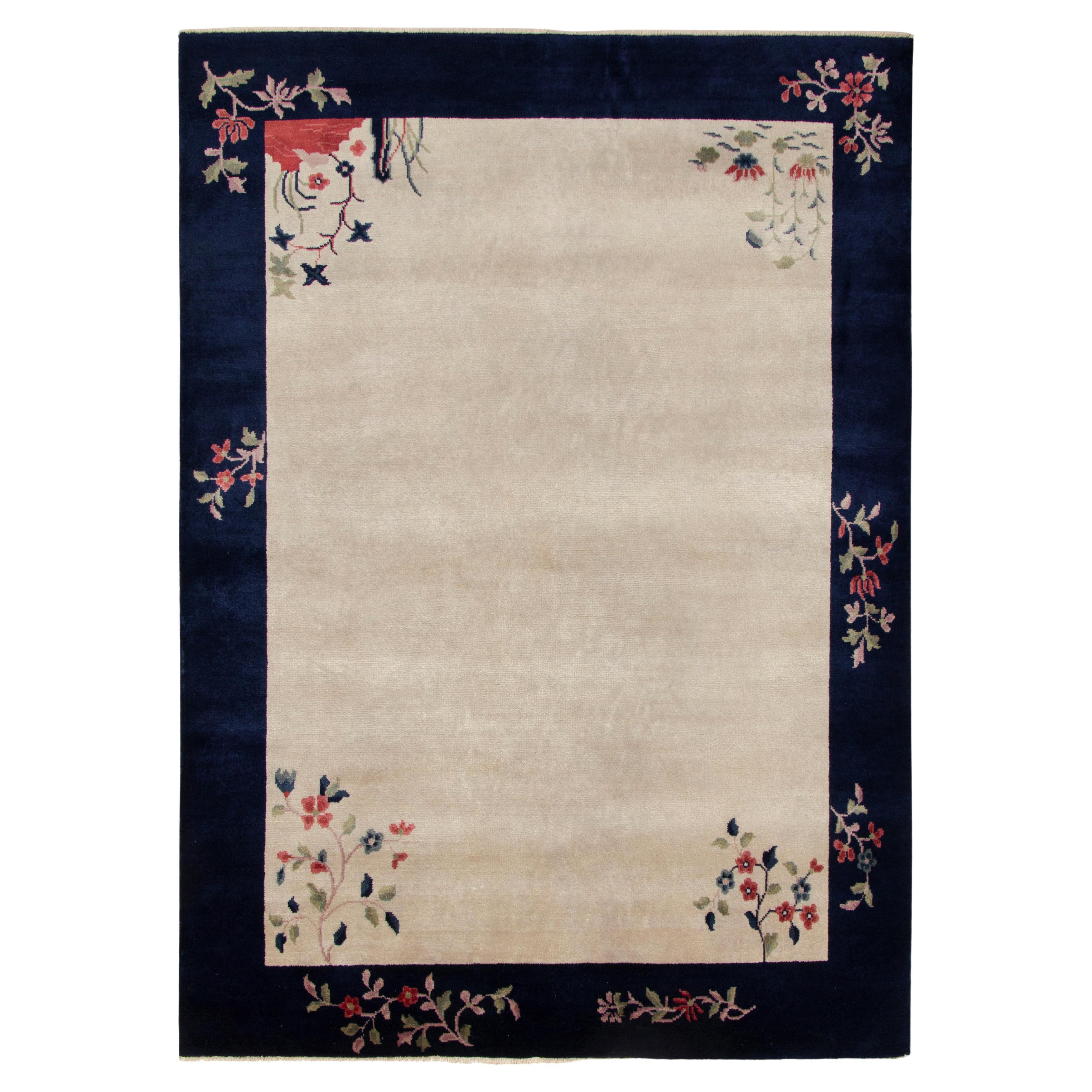 Vintage Chinese Deco Style Rug, Off-White Field and Blue Border by Rug & Kilim