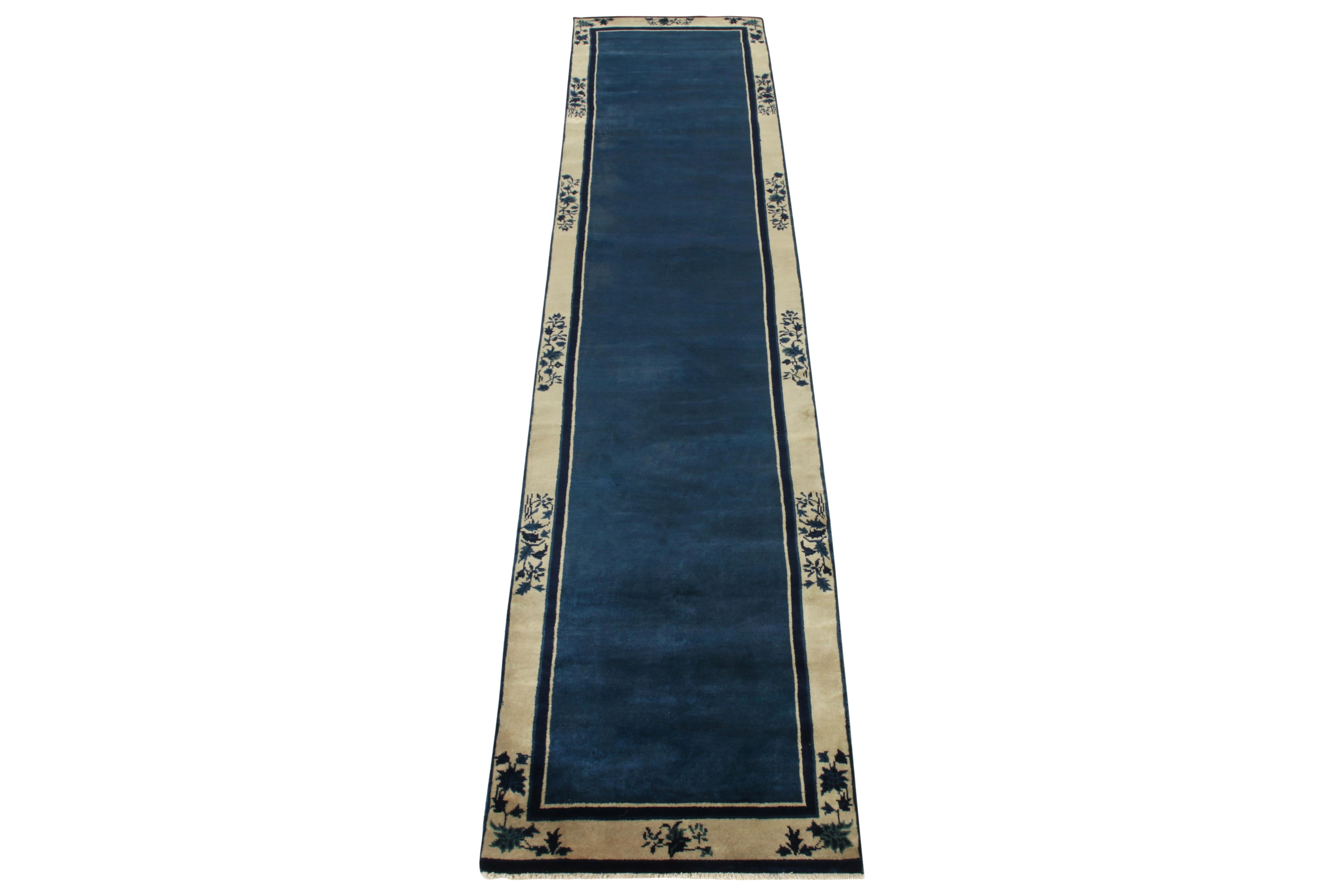 Vintage Chinese Deco style runner, deep blue floral pattern, off white border
Description: A hand-knotted vintage runner inspired by Chinese Art Deco sensibilities of the 1920s, coming from Rug & Kilim’s Antique & Vintage collection. The clean blue