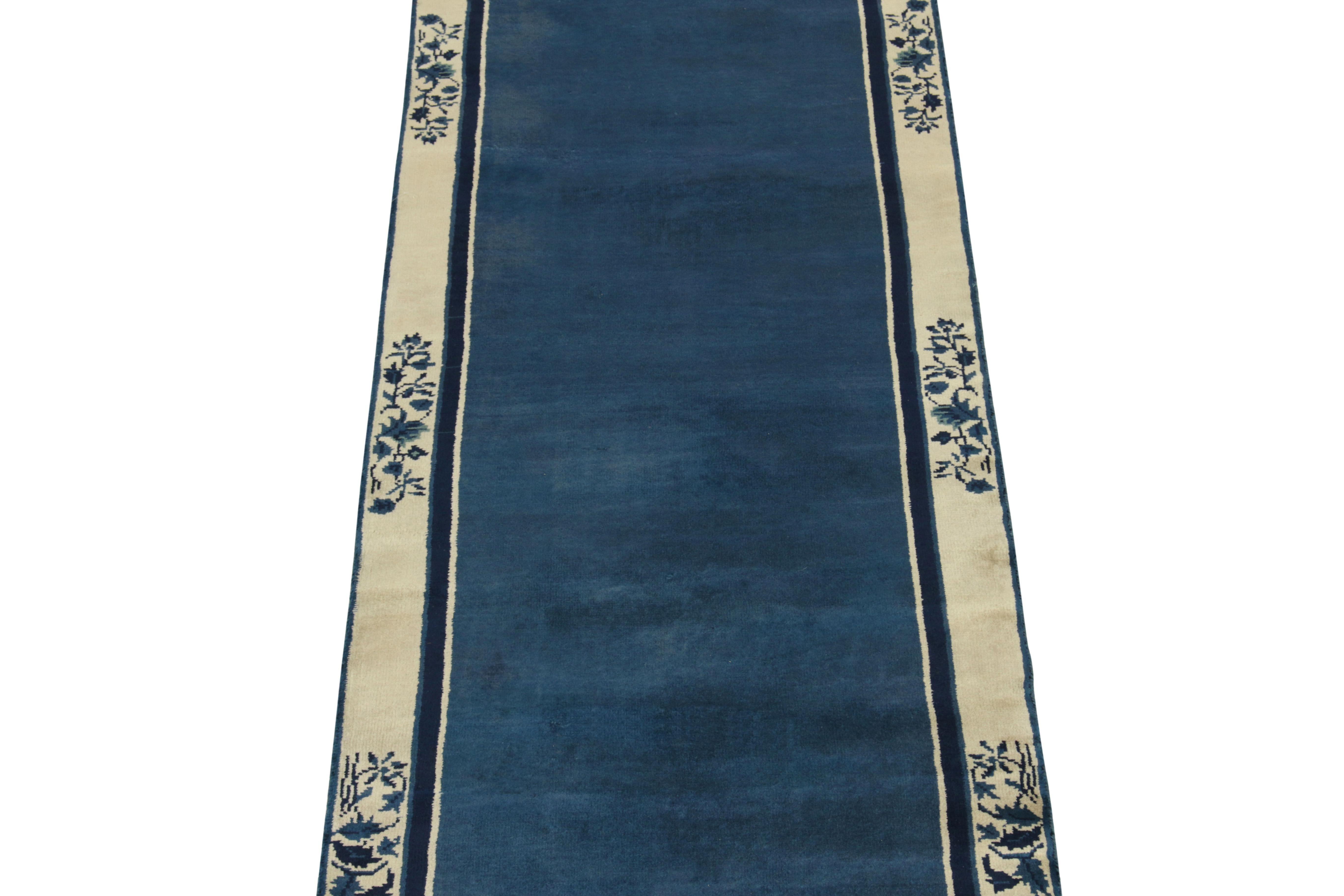 Indian Vintage Chinese Deco Style Runner Deep Blue Floral Pattern, White by Rug & Kilim For Sale
