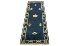 Vintage Chinese Deco Style Runner, Deep Blue Floral Medallions Rug & Kilim's