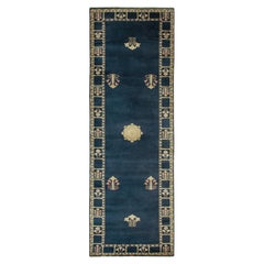 Vintage Chinese Deco Style Runner, Deep Blue, Gold Border and Floral Medallions