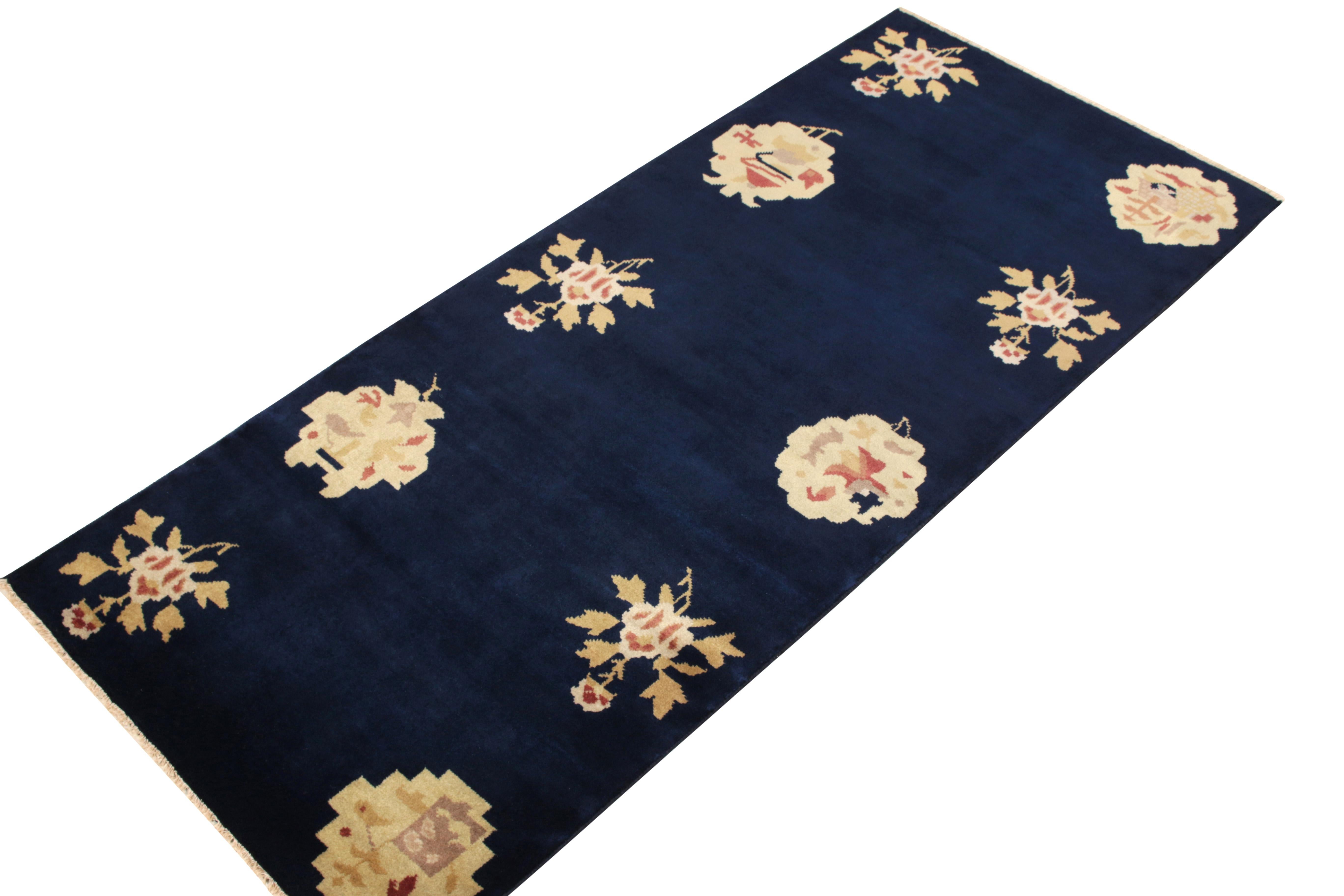 Art Deco Vintage Chinese Deco Style Runner in Blue Gold Floral Pattern by Rug & Kilim For Sale