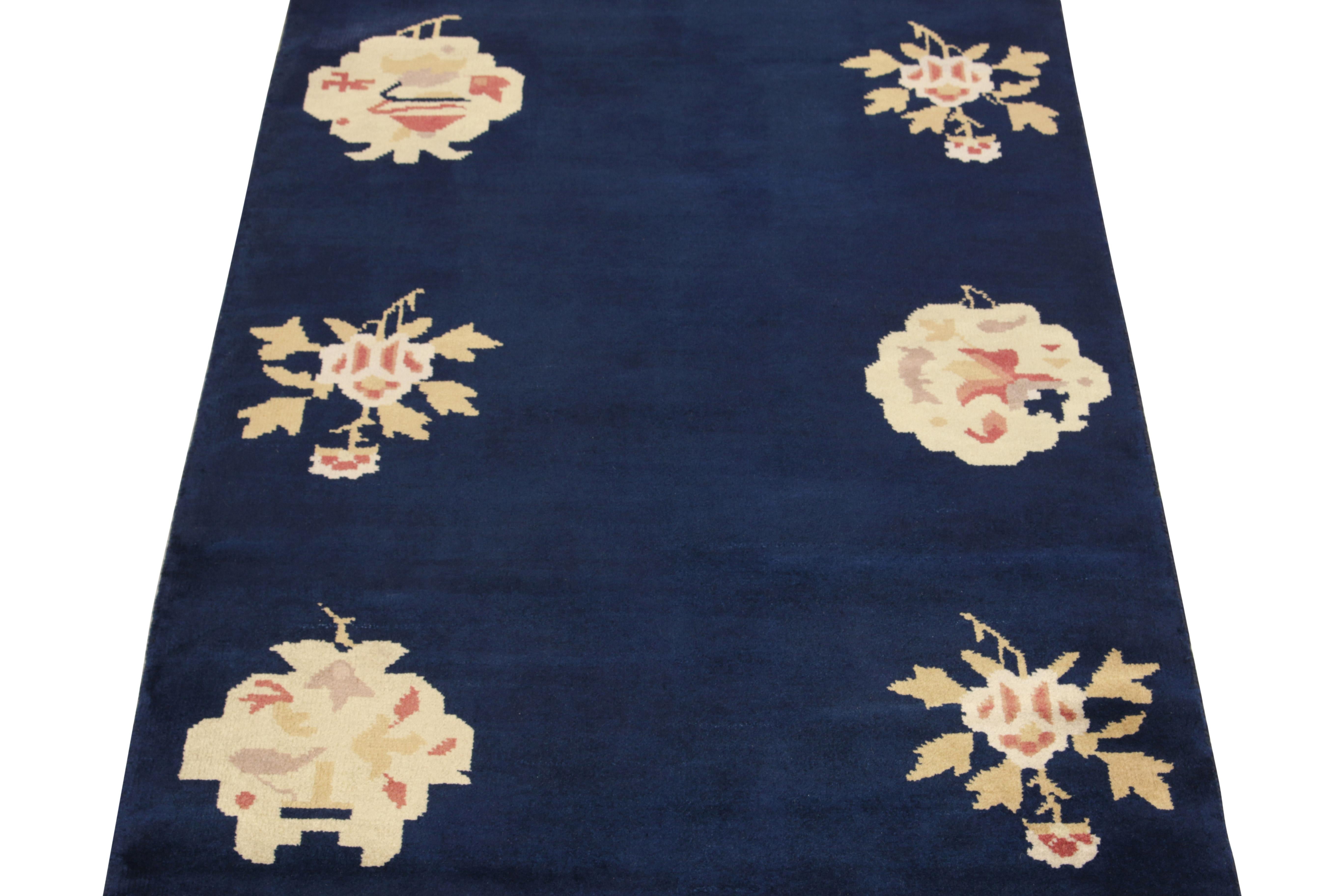 Indian Vintage Chinese Deco Style Runner in Blue Gold Floral Pattern by Rug & Kilim For Sale