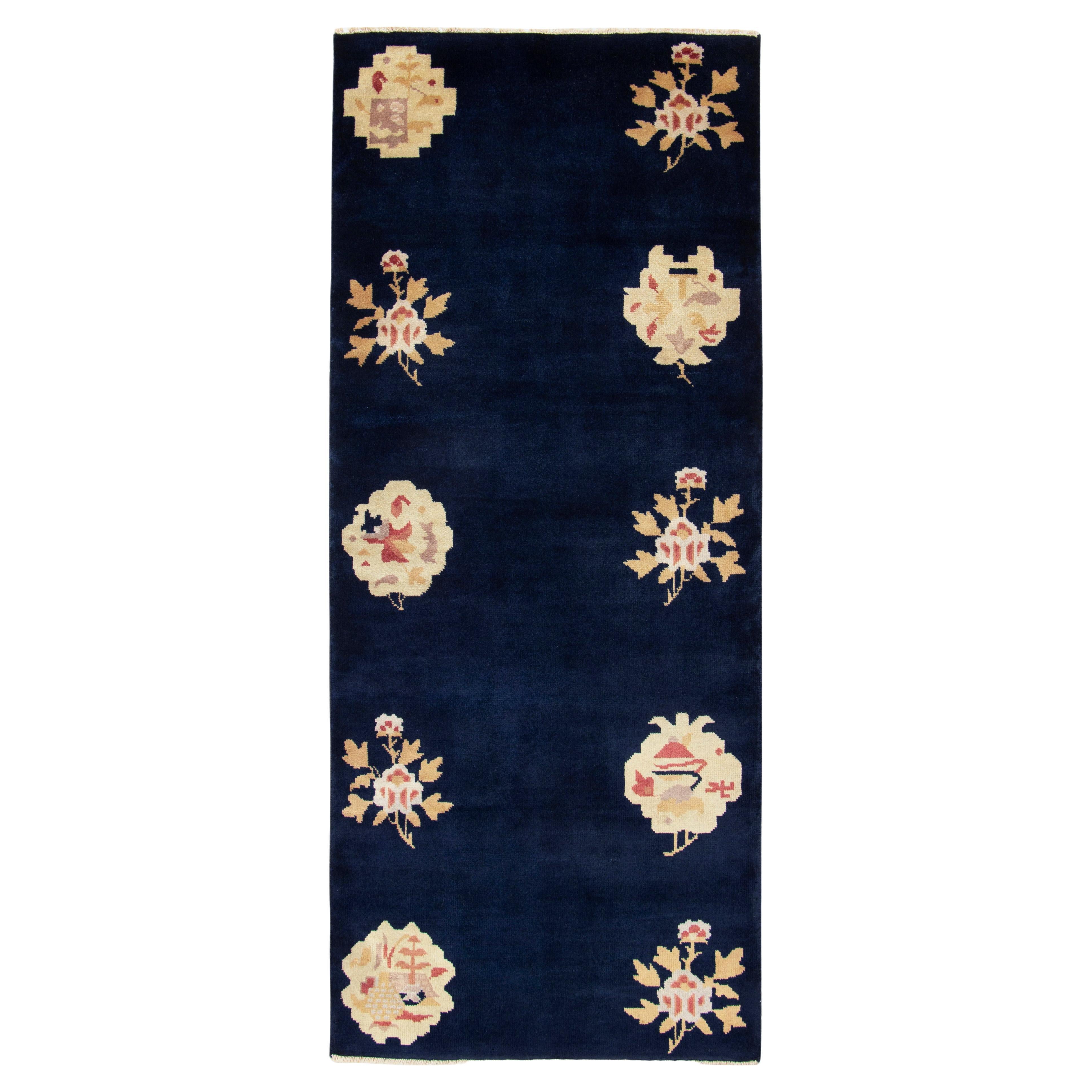 Vintage Chinese Deco Style Runner in Blue Gold Floral Pattern by Rug & Kilim For Sale