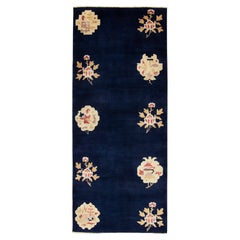 Vintage Chinese Deco Style Runner in Blue Gold Floral Pattern by Rug & Kilim