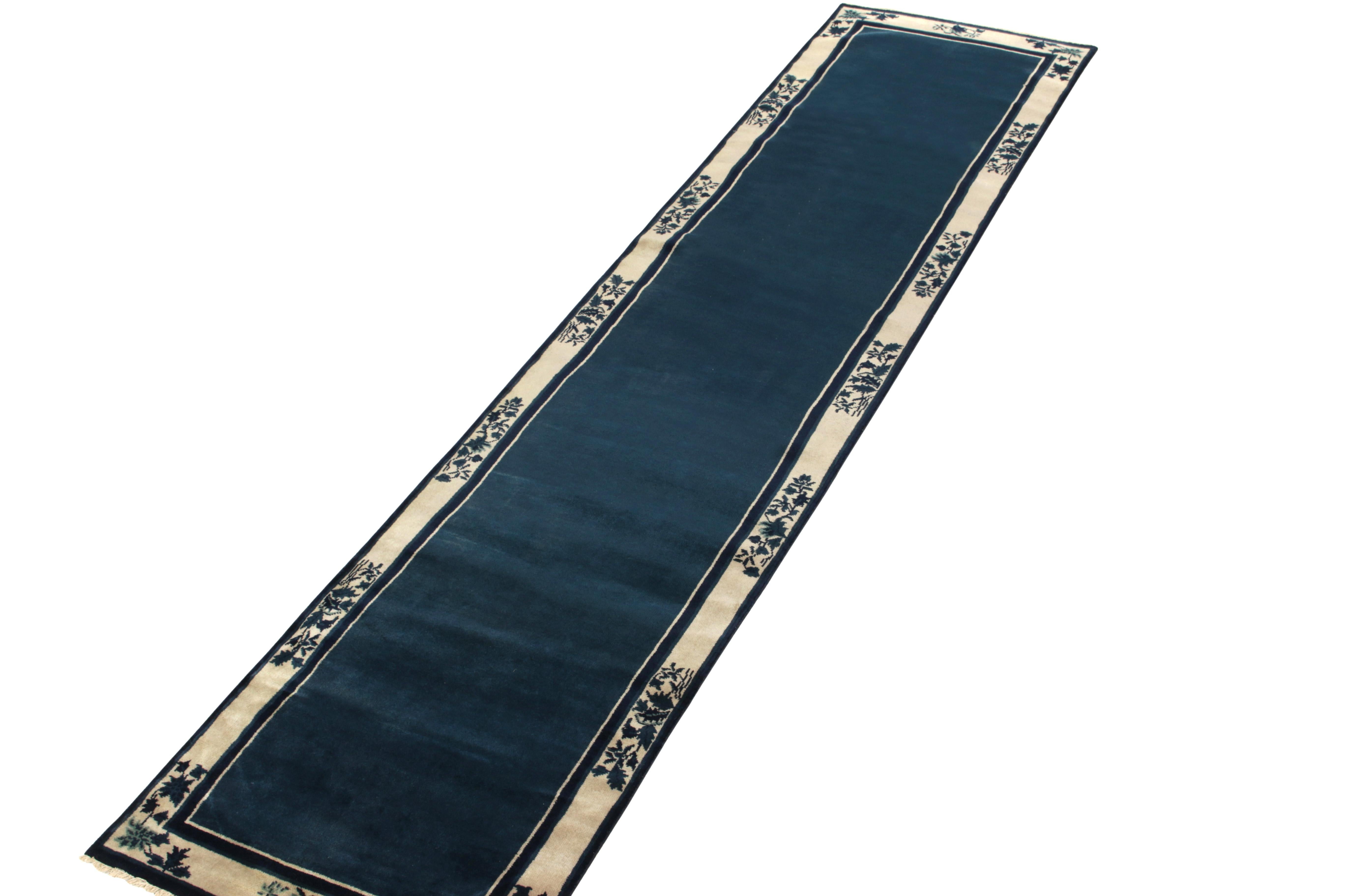 Art Deco Vintage Chinese Deco Style Runner in Deep Blue & off White Floral by Rug & Kilim For Sale