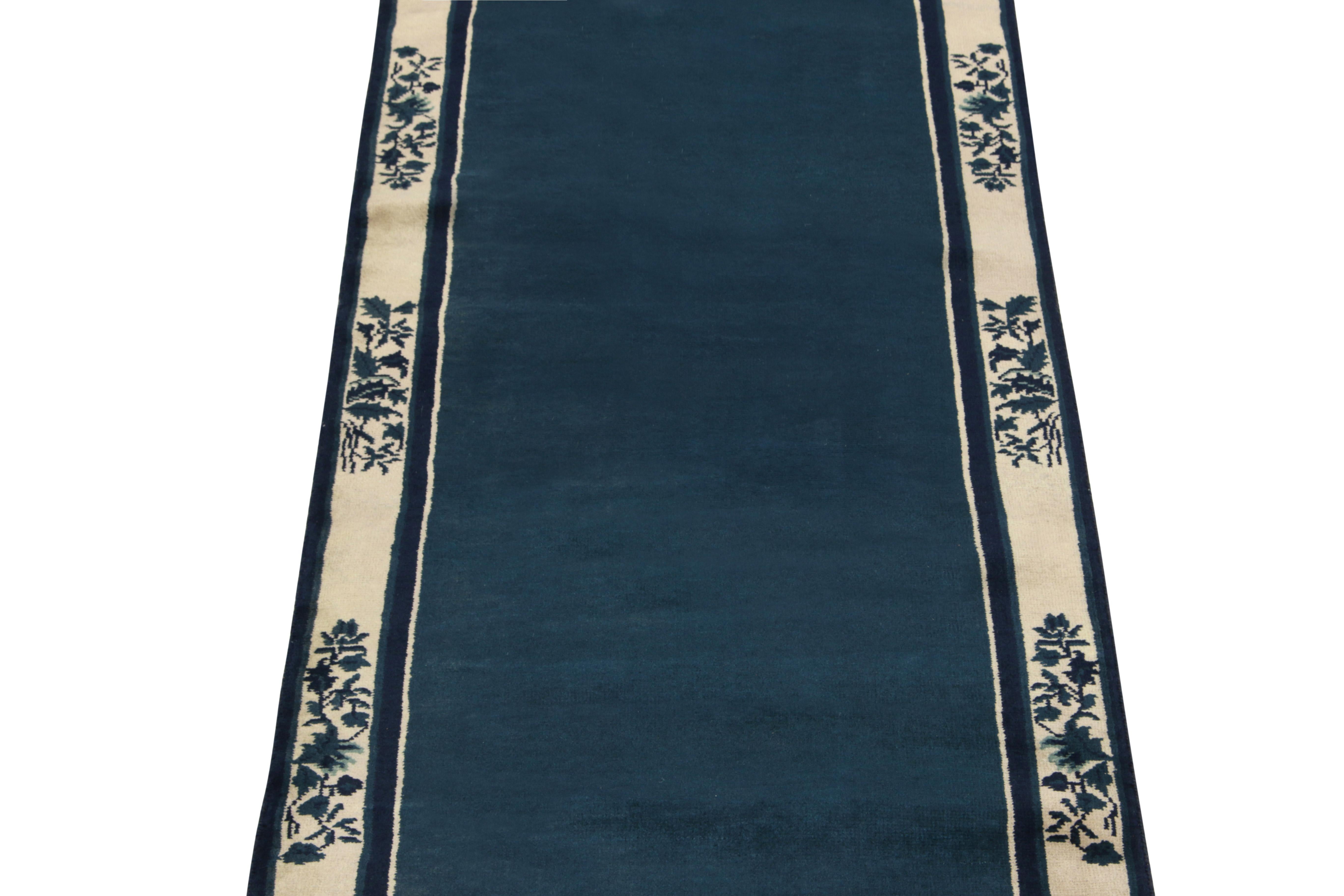 Indian Vintage Chinese Deco Style Runner in Deep Blue & off White Floral by Rug & Kilim For Sale