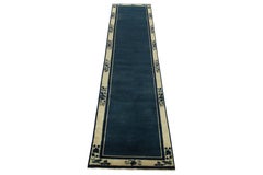 Vintage Chinese Deco Style Runner in Blue OffWhite Floral Pattern by Rug & Kilim