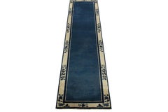Vintage Chinese Deco Style Runner in Deep Blue, off White Floral Pattern Border