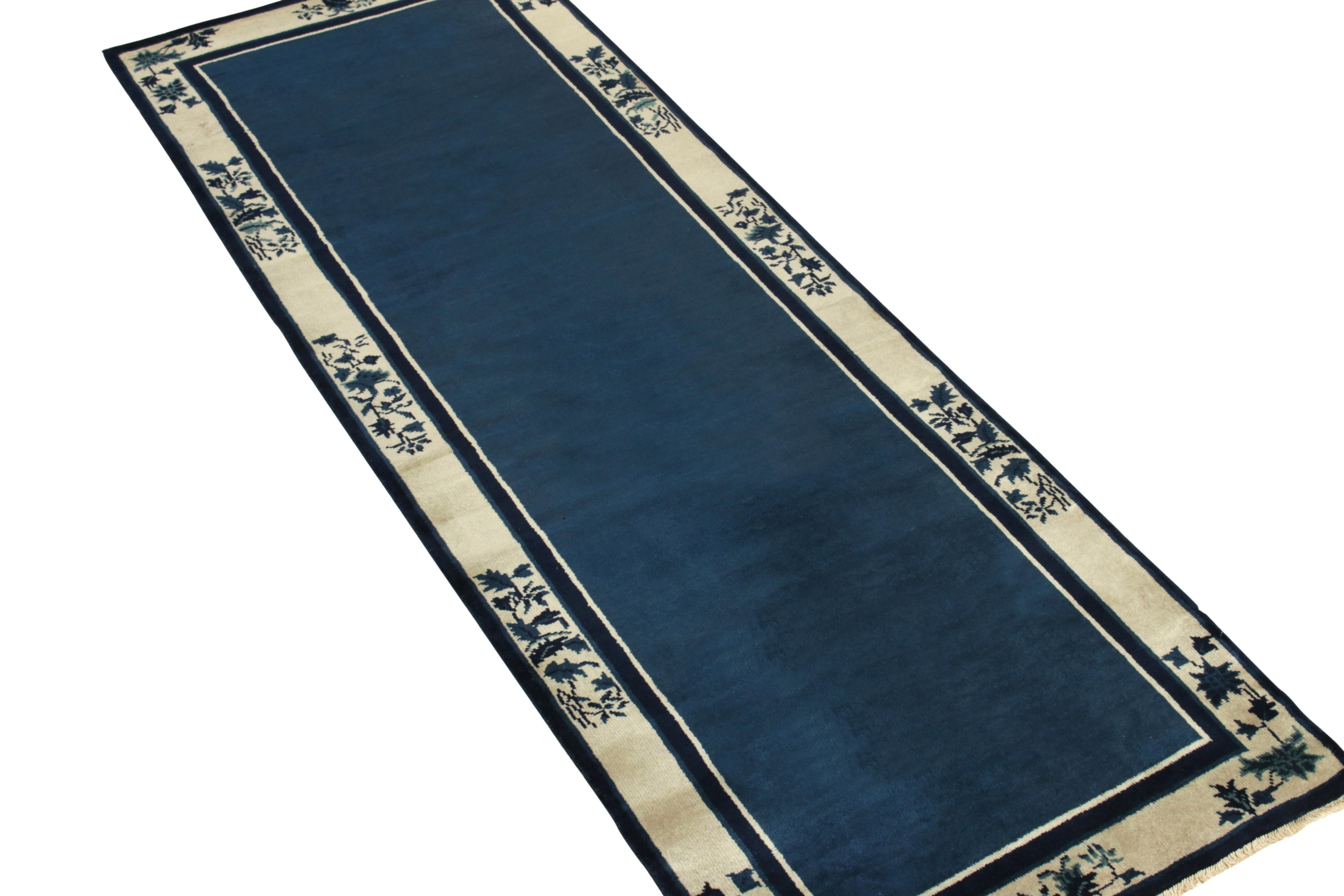 Art Deco Vintage Chinese Deco Style Runner in Blue, White Floral Pattern by Rug & Kilim For Sale