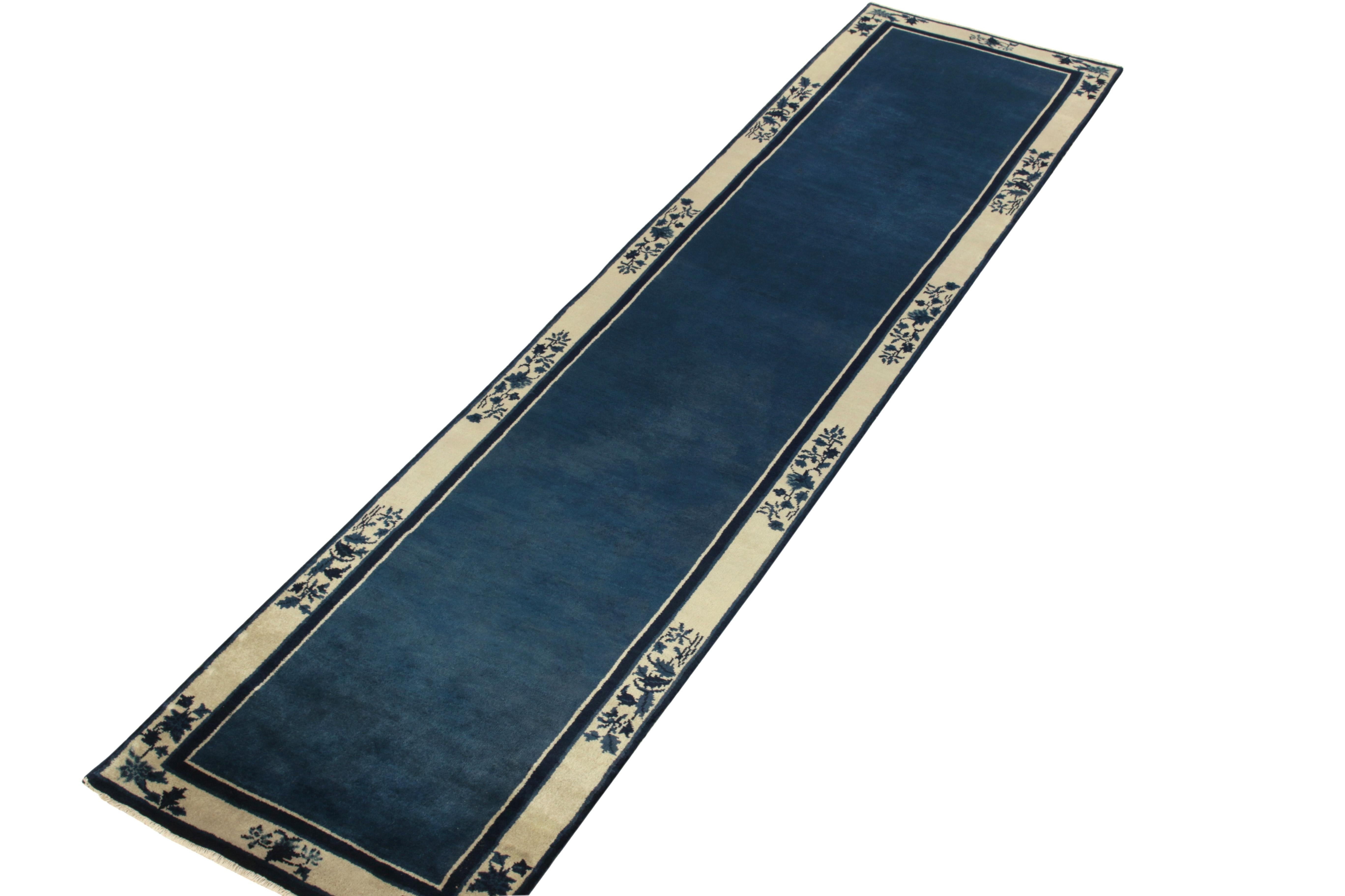 Art Deco Vintage Chinese Deco Style Runner in Deep Blue, off White Floral Pattern Border For Sale