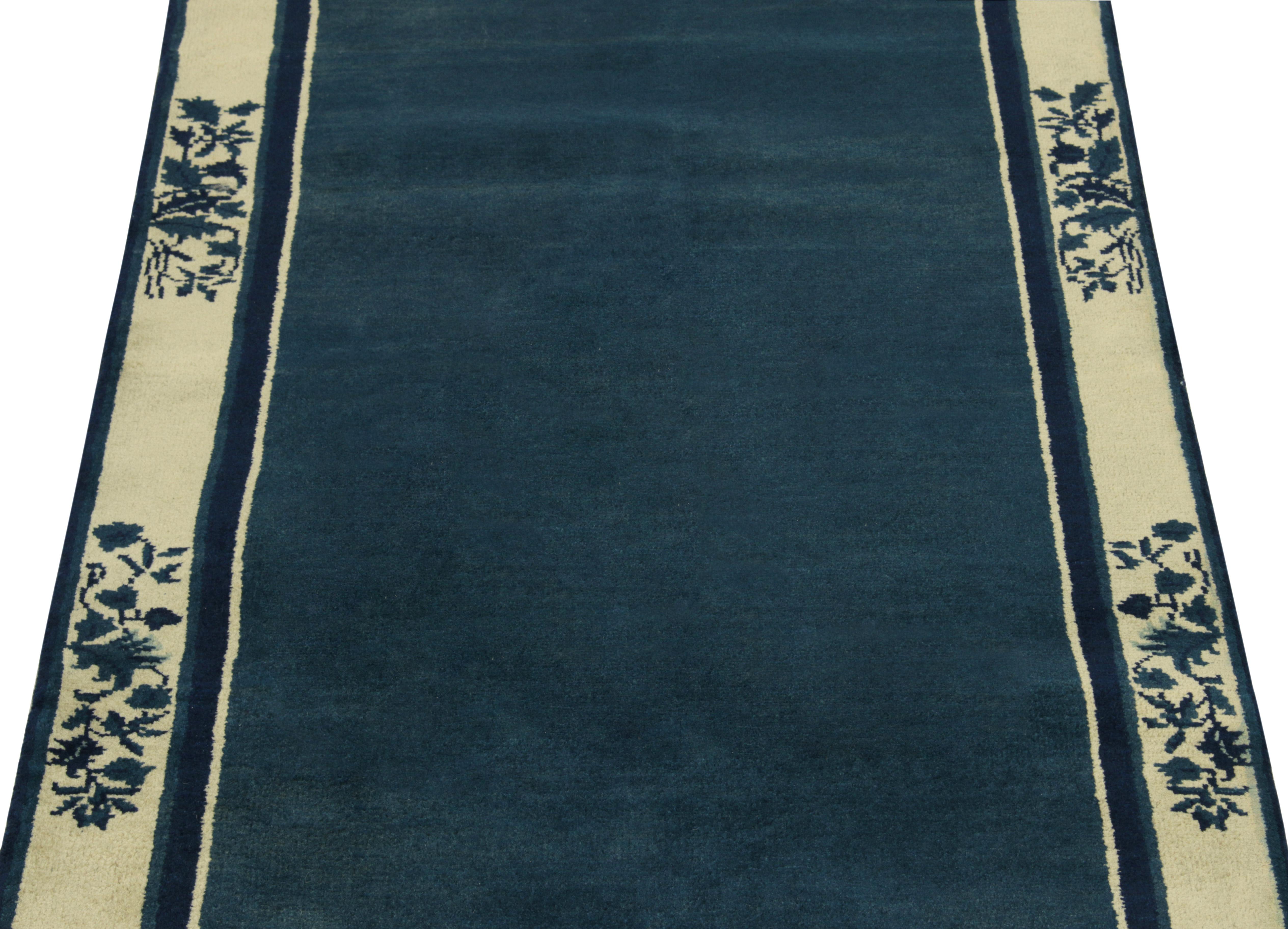 Indian Vintage Chinese Deco Style Runner in Blue OffWhite Floral Pattern by Rug & Kilim For Sale
