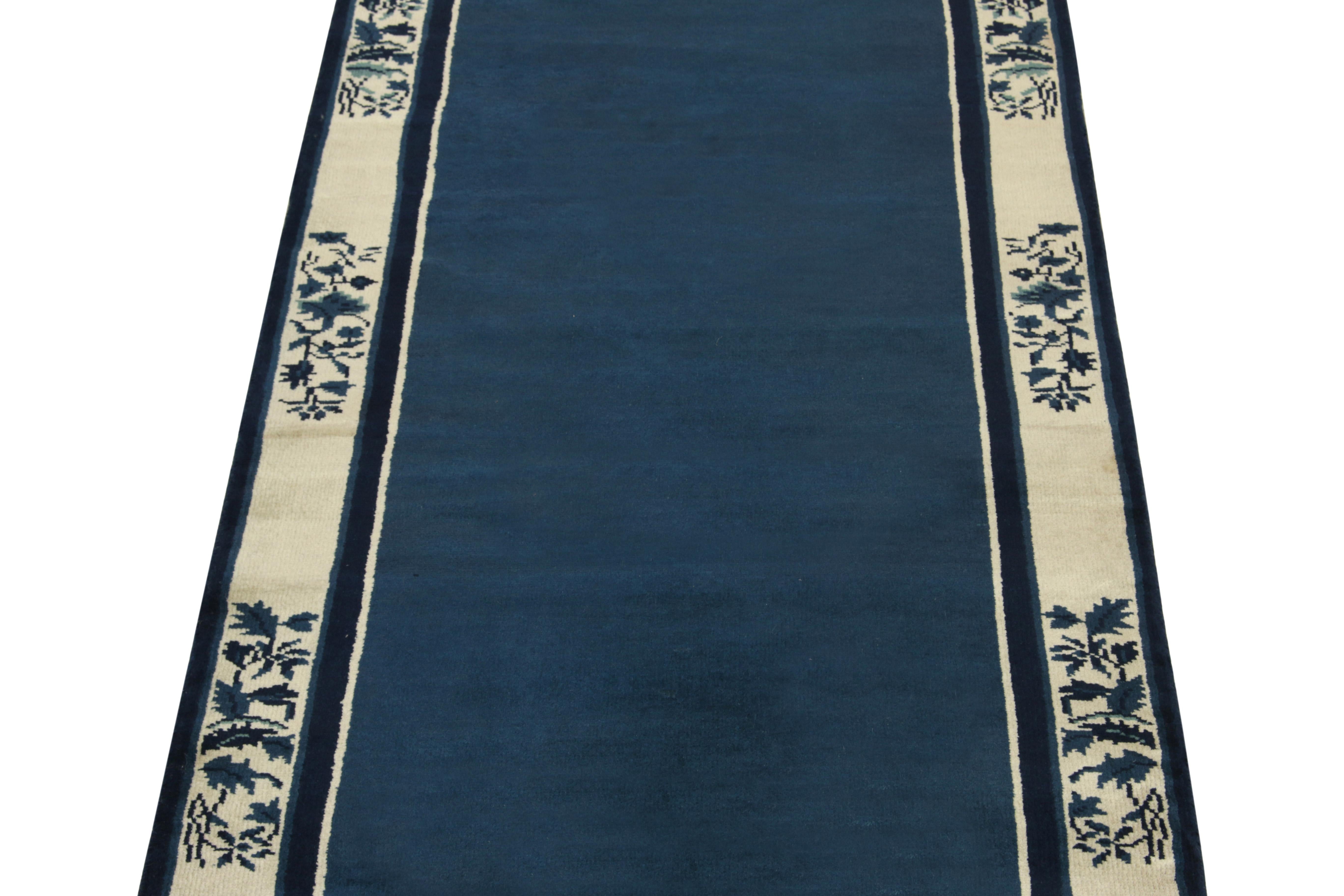 Indian Vintage Chinese Deco Style Runner in Blue, White Floral Pattern by Rug & Kilim For Sale