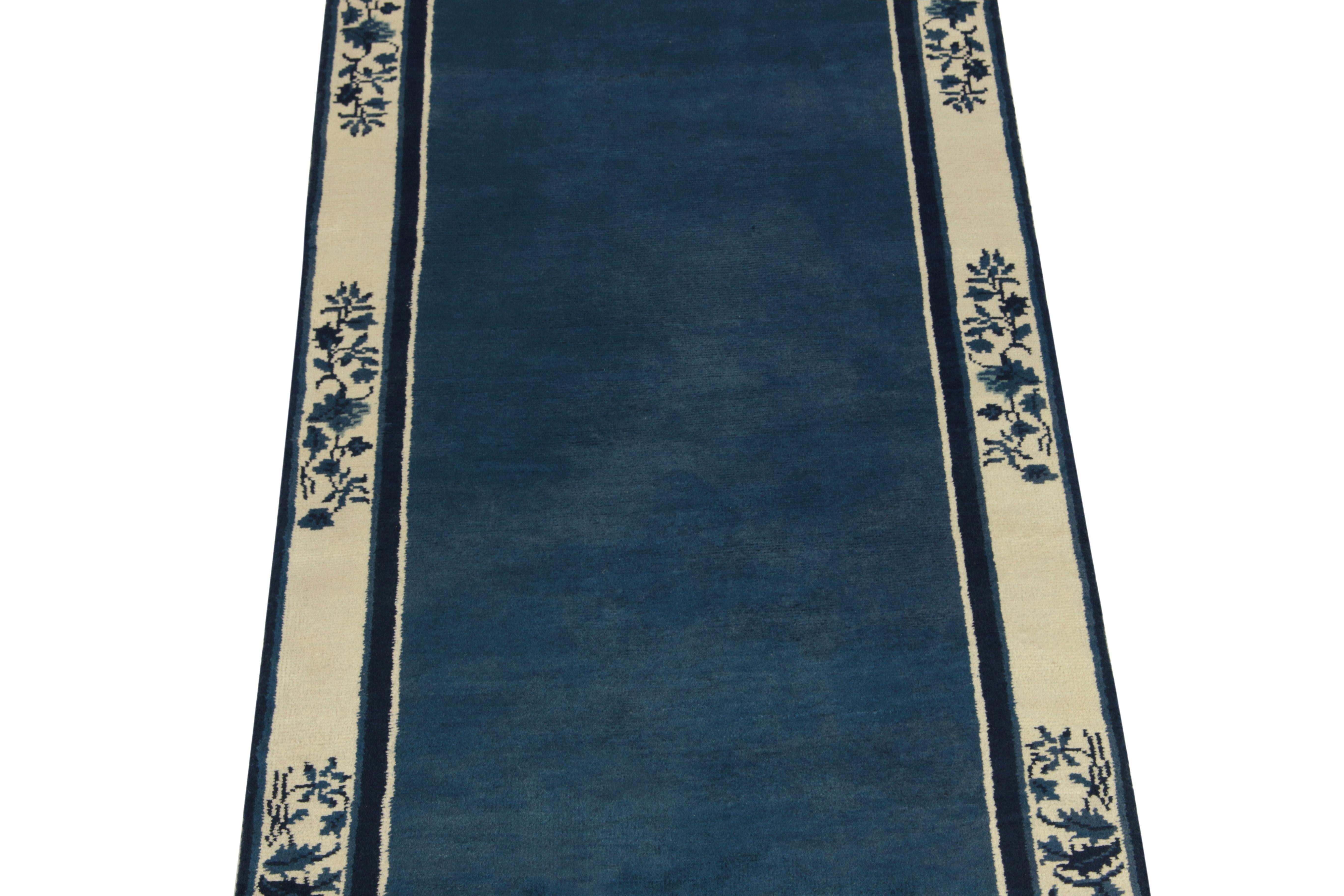 Indian Vintage Chinese Deco Style Runner in Deep Blue, off White Floral Pattern Border For Sale