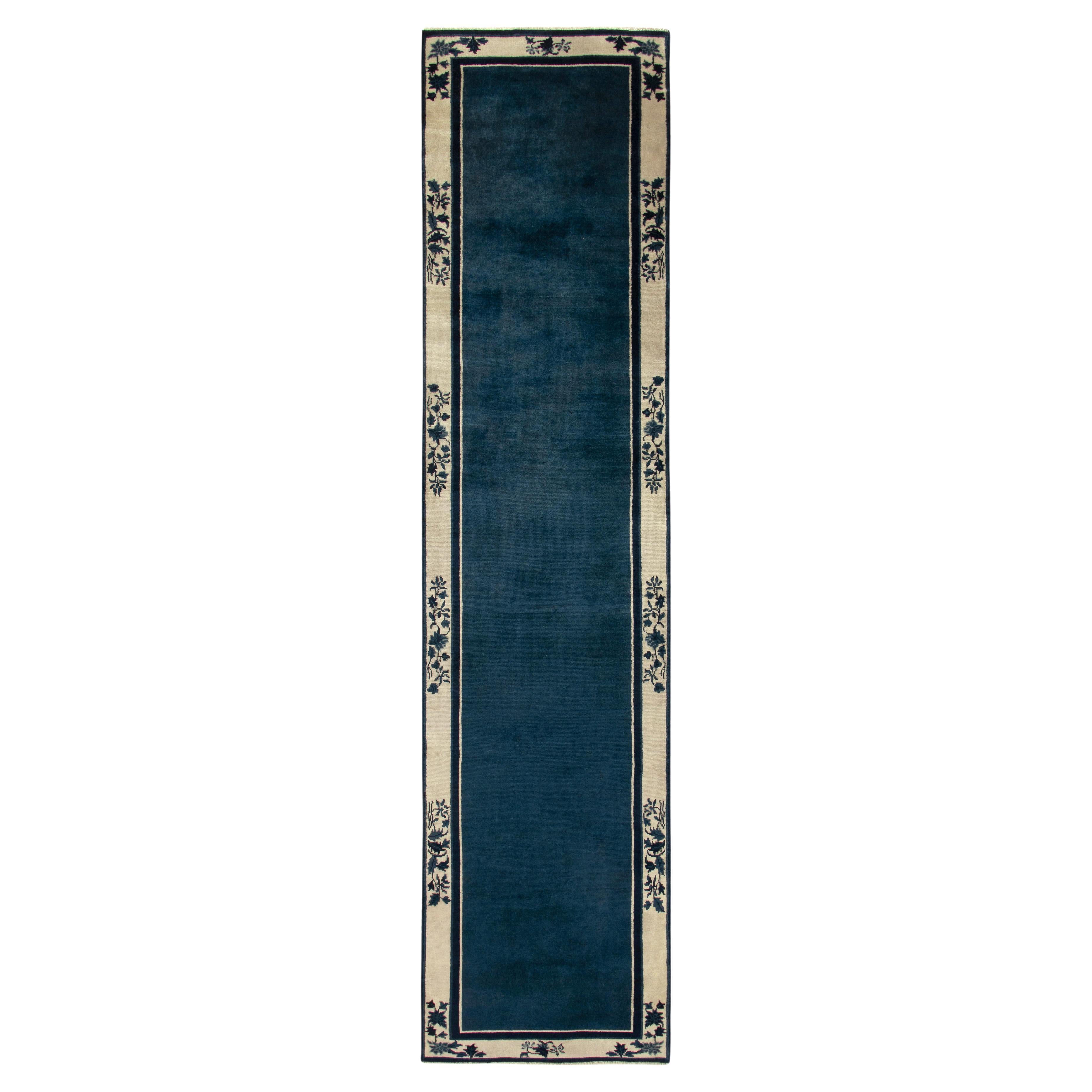 Vintage Chinese Deco Style Runner in Deep Blue, off White Floral Pattern Border For Sale
